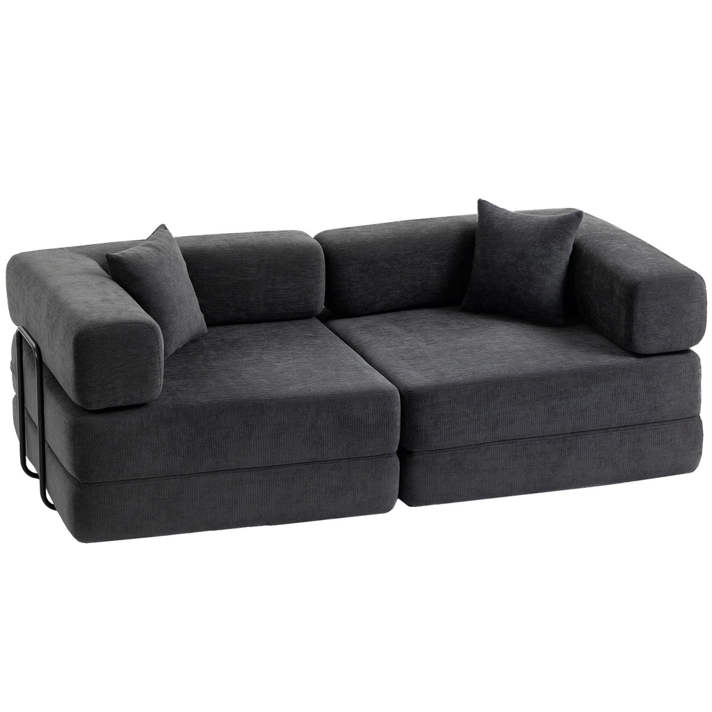 HOMCOM 2-Seater Folding Chenille Sofa Bed with 2 Cushions, Wide Armrests, No Assembly, Dark Grey