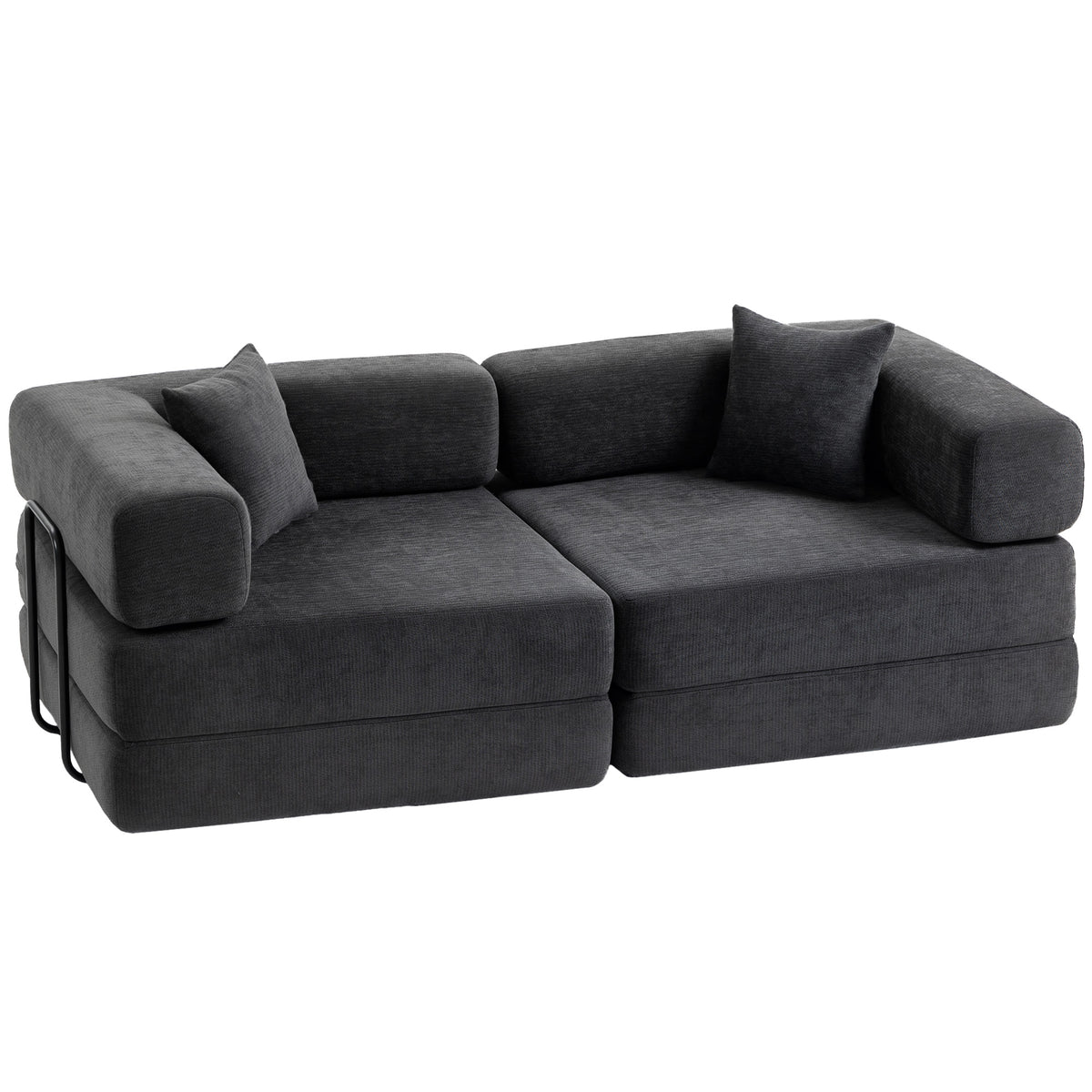 HOMCOM 2-Seater Folding Chenille Sofa Bed with 2 Cushions, Wide Armrests, No Assembly, Dark Grey