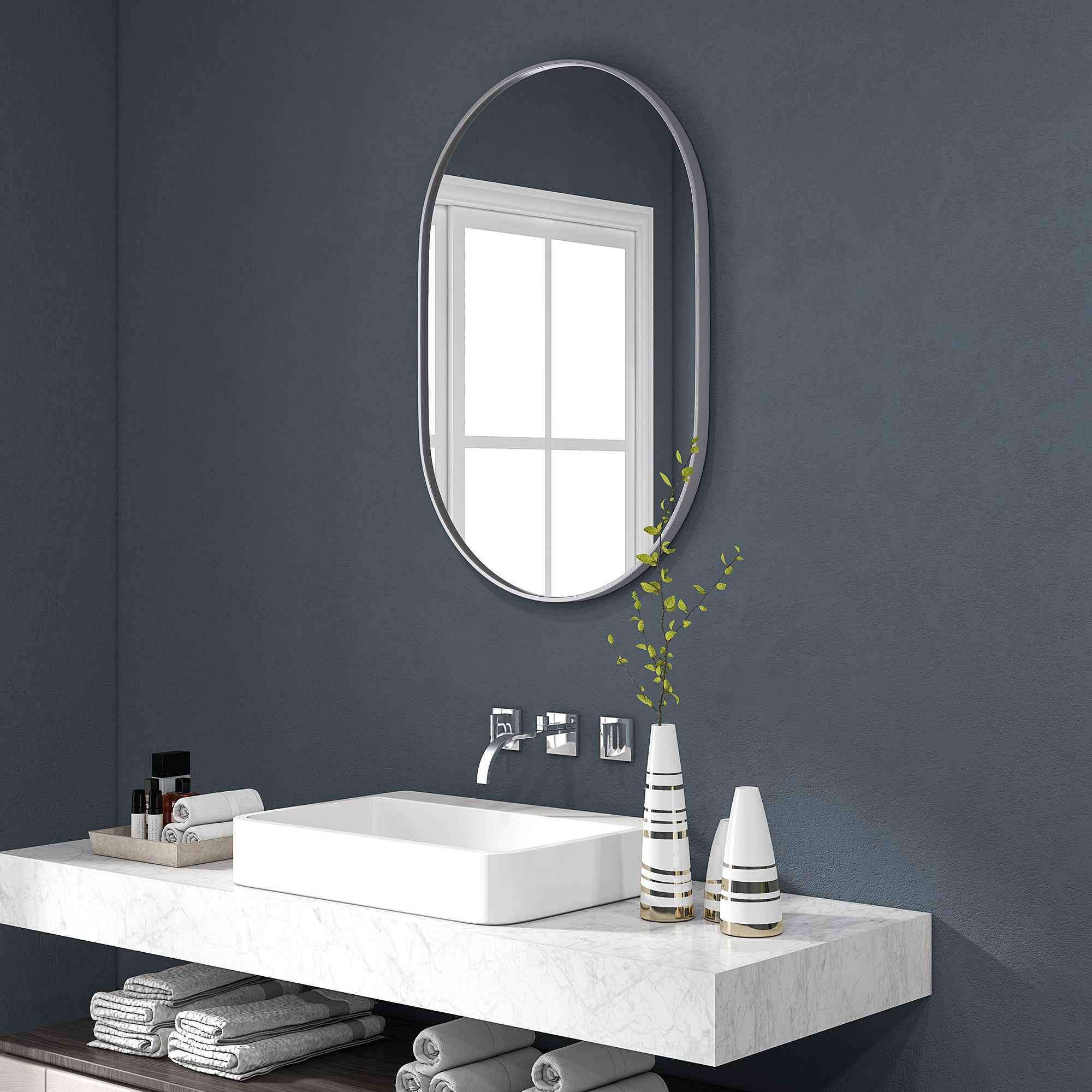 HOMCOM Oval Bathroom Mirror with Aluminum Frame, Vertical or Horizontal, 60x90 cm, Silver