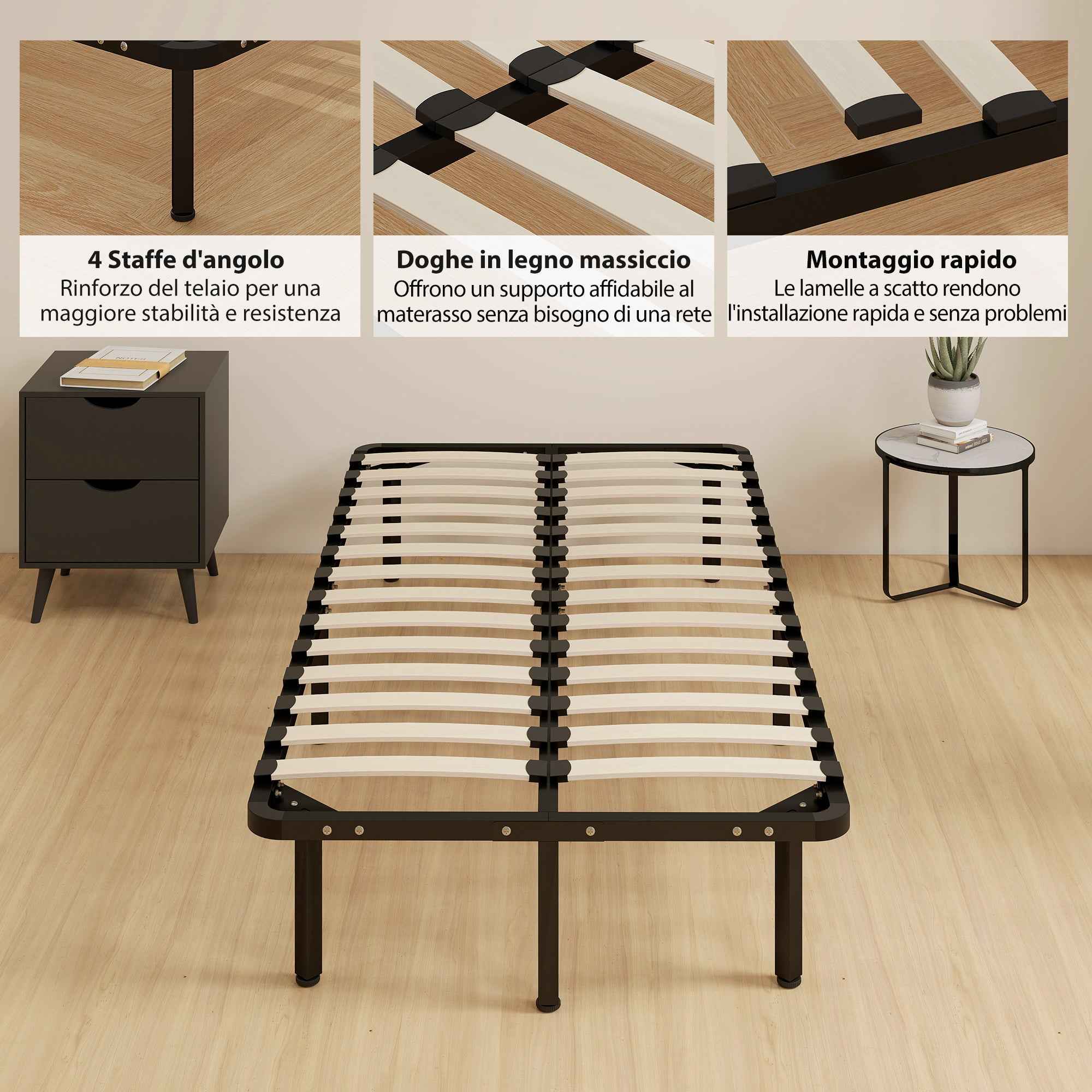 HOMCOM Industrial Bed Frame with 28 Slats and Storage Space, in Wood and Steel, 190x90x31 cm, Black and Wood