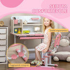 Children's Desk and Chair Set for Ages 3 and Up, Adjustable 60° Tiltable Table with Drawer and Shelves, Pink
