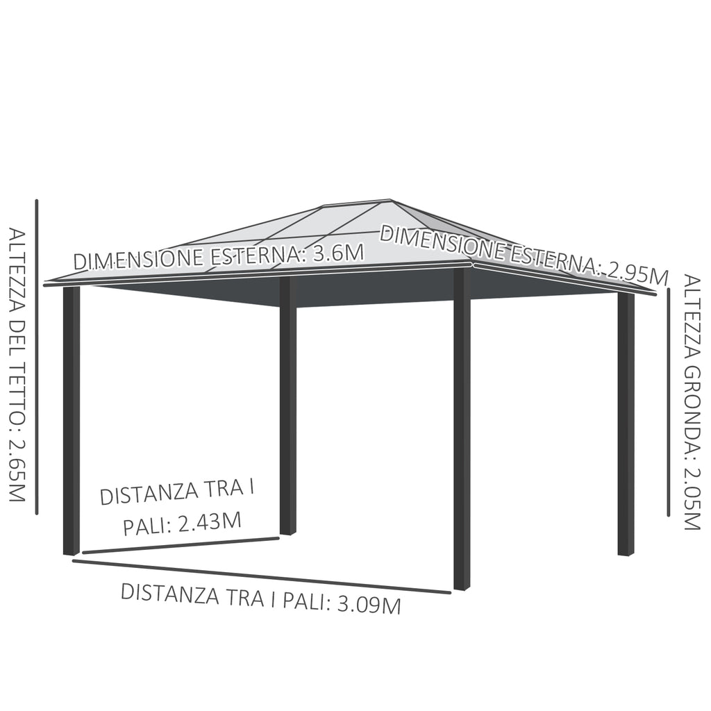Garden Gazebo 3x3.6m in Aluminum with Mosquito Net and Polycarbonate Roof