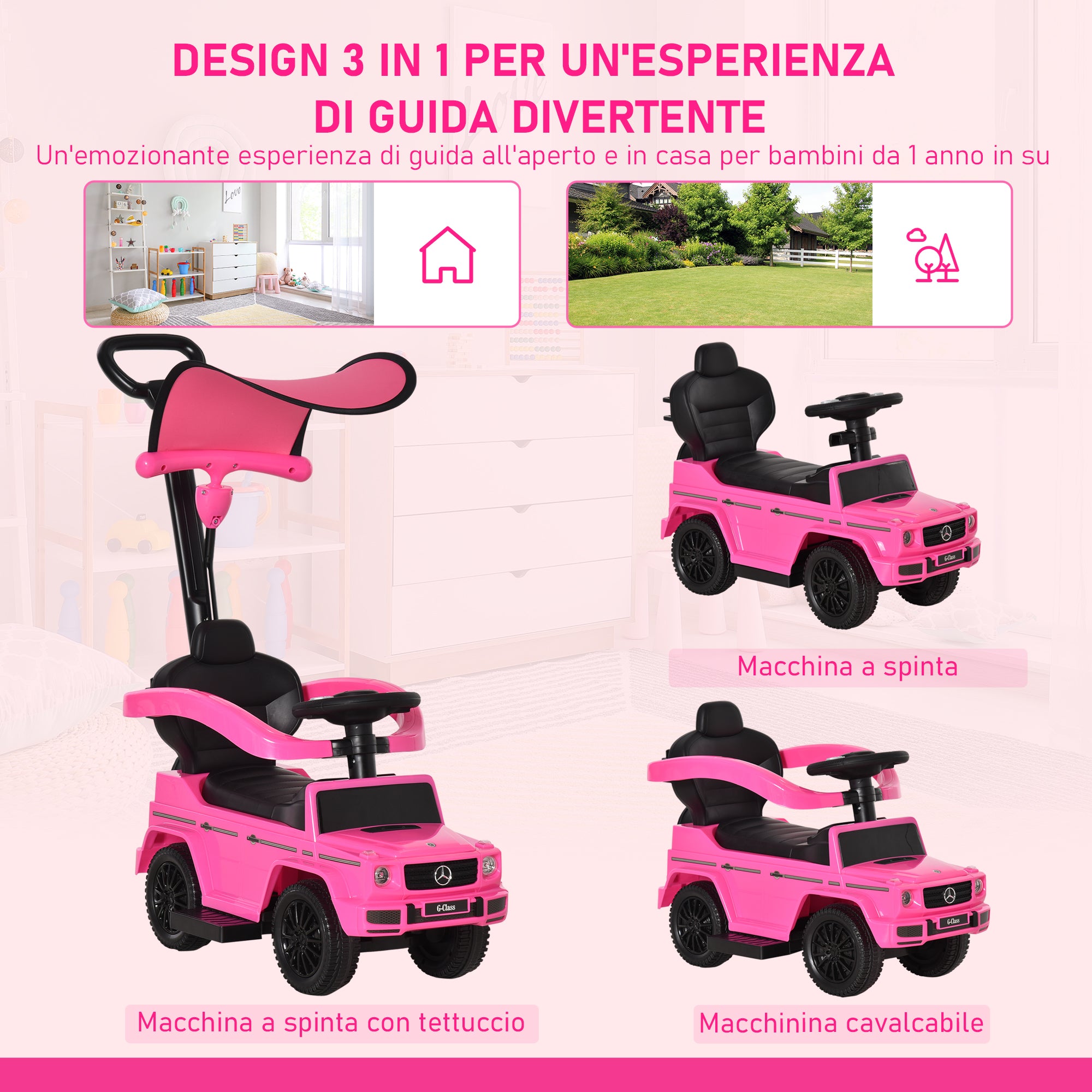 Push Car for Children 12-36 Months with Mercedes License, Canopy and Handle, 85.5x40. 5x95 cm, Pink