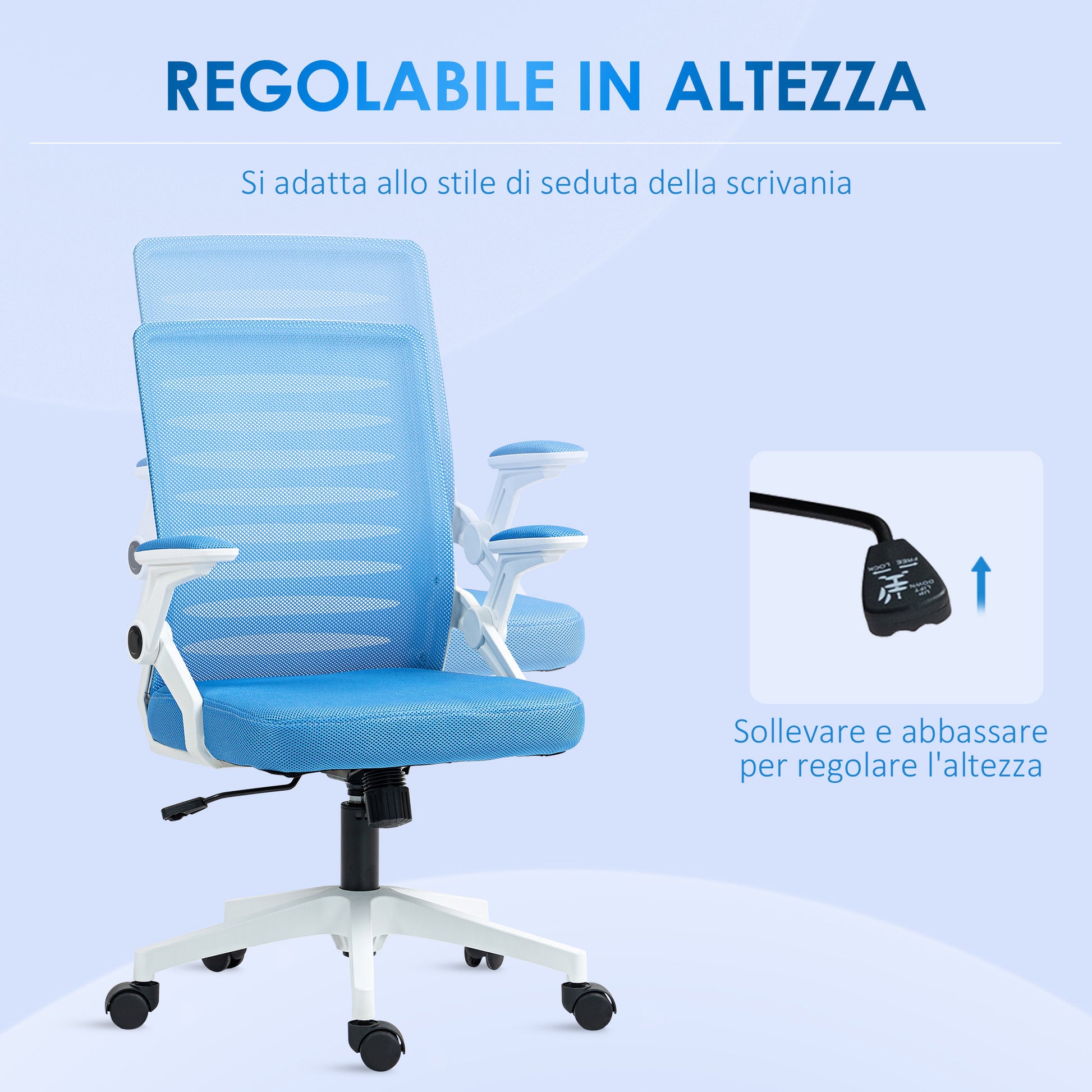 Vinsetto Ergonomic Height-Adjustable Swivel Chair with Armrests, 54x54x89-99 cm, White and Light Blue - Borgè