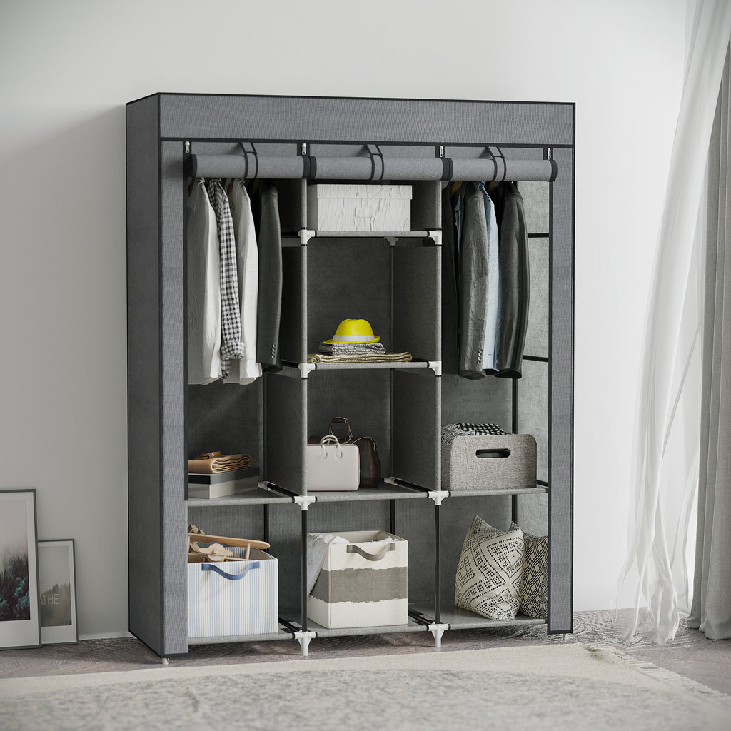Wardrobe in Non-Woven Fabric and Steel with 8 Shelves and 2 Bars, 125x43x162.5 cm, Charcoal Gray