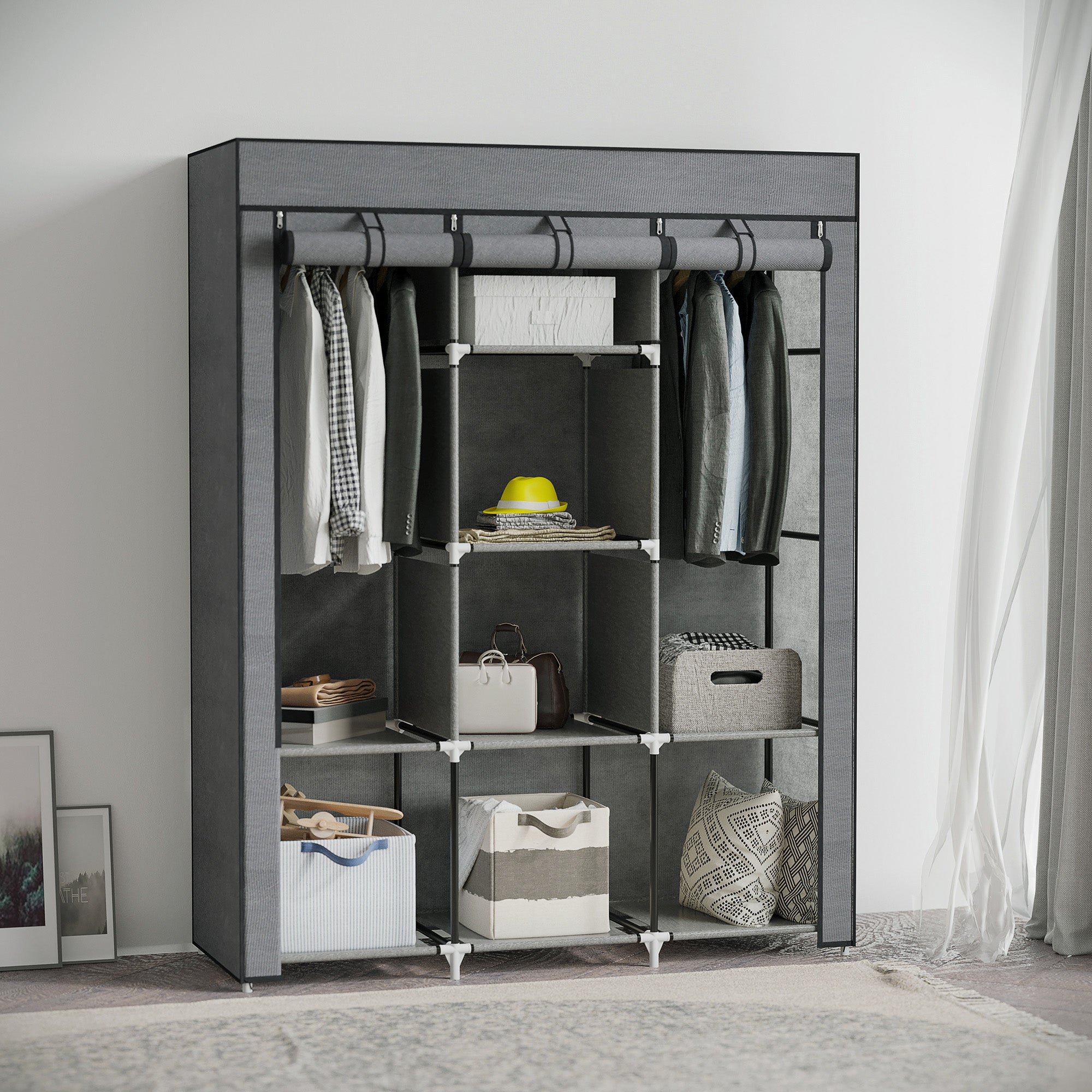 Wardrobe in Non-Woven Fabric and Steel with 8 Shelves and 2 Bars, 125x43x162.5 cm, Charcoal Gray