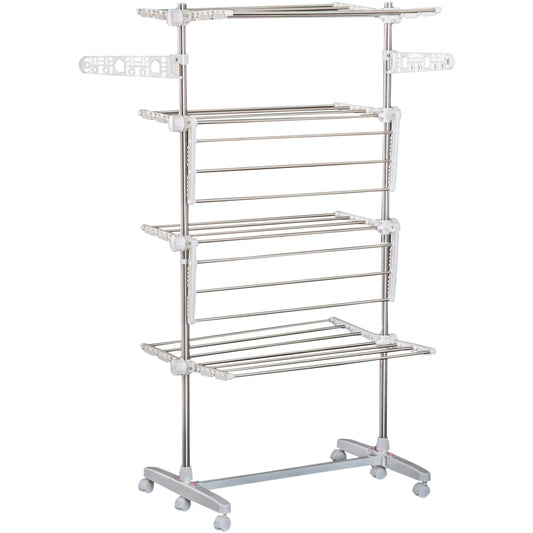 HOMCOM Vertical Folding Drying Rack in Steel and Plastic with 6 Wheels and 4 Adjustable Shelves, 142x55x172 cm - Borgè