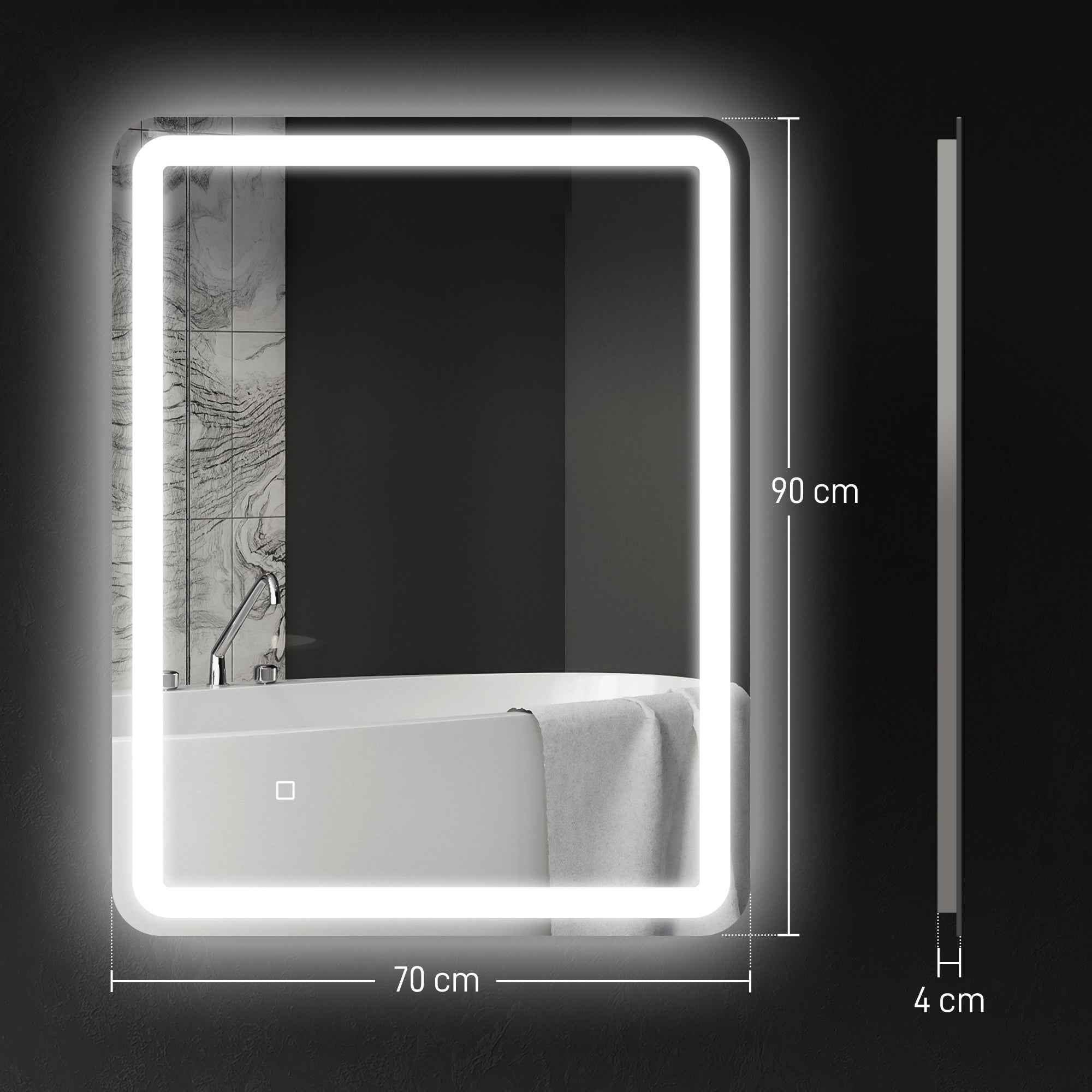 HOMCOM LED Touch Bathroom Mirror with Dimmable Light, 3 Temperatures and Anti-Fog, 70x90 cm