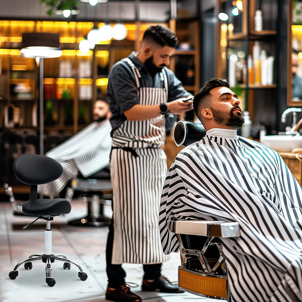 Beautician Stool with Wheels and Backrest, Adjustable Height and Swivel Seat in Faux Leather, Black