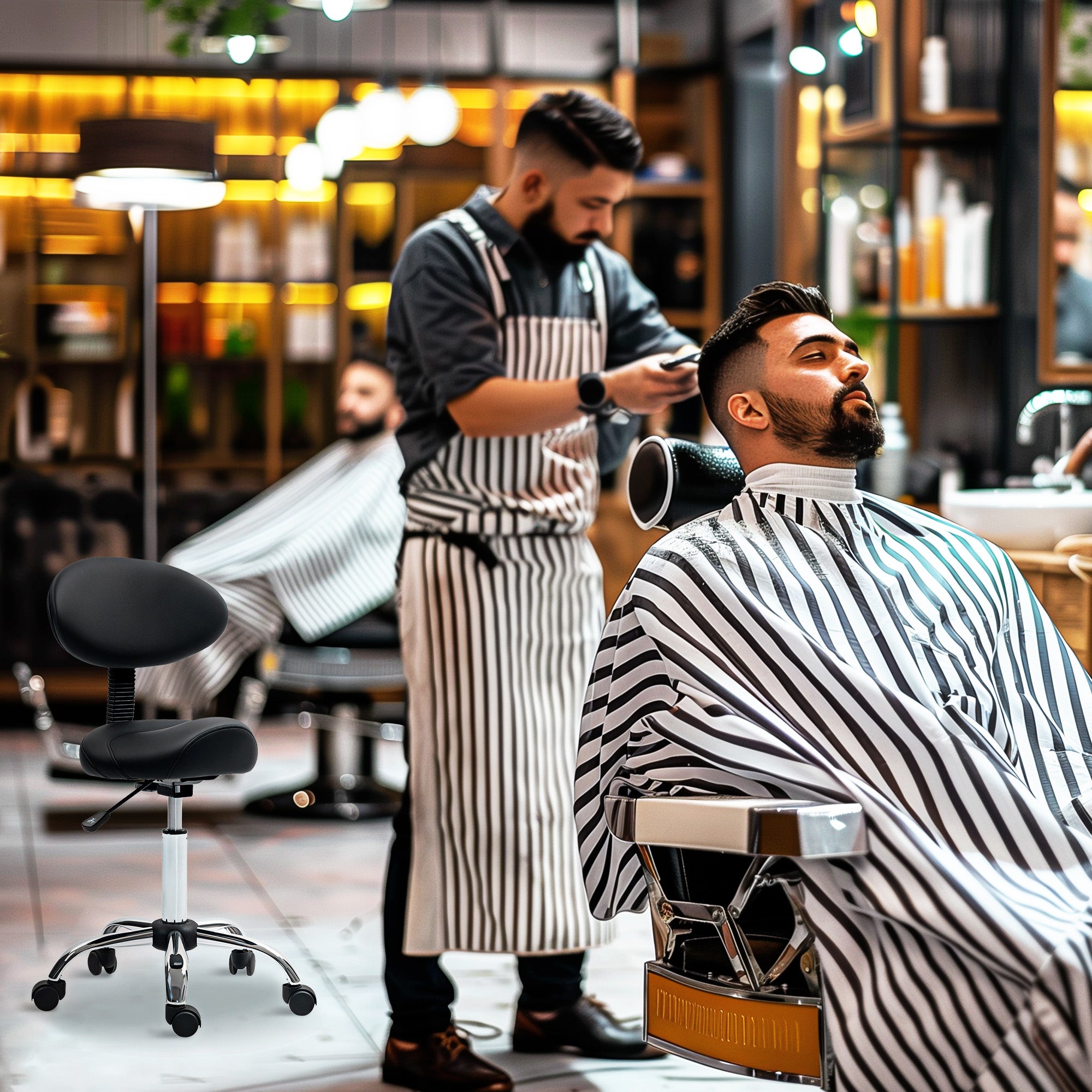 Beautician Stool with Wheels and Backrest, Adjustable Height and Swivel Seat in Faux Leather, Black