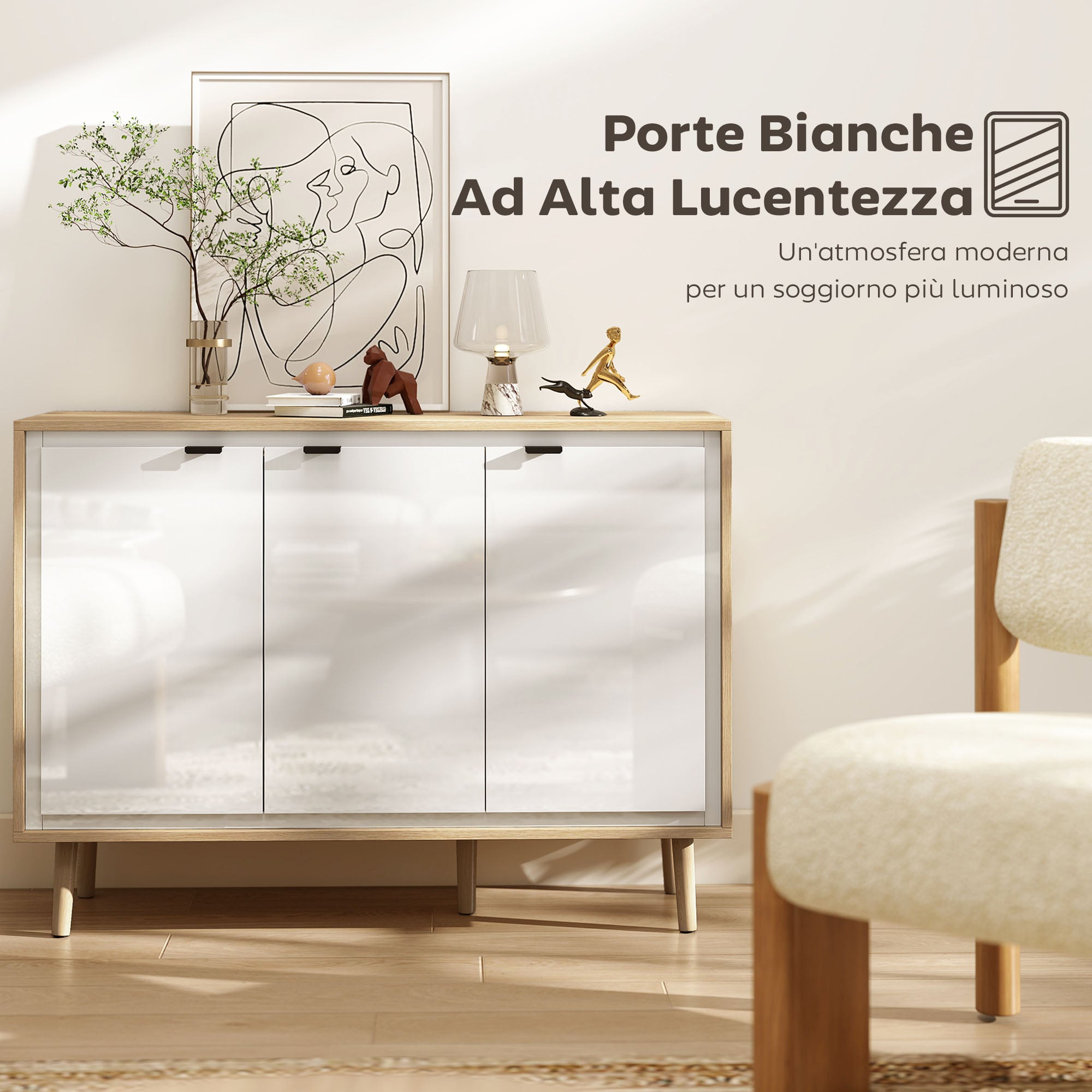 Modern 3-Door Sideboard with Adjustable Shelf, 107x35x77 cm, Gloss White and Oak