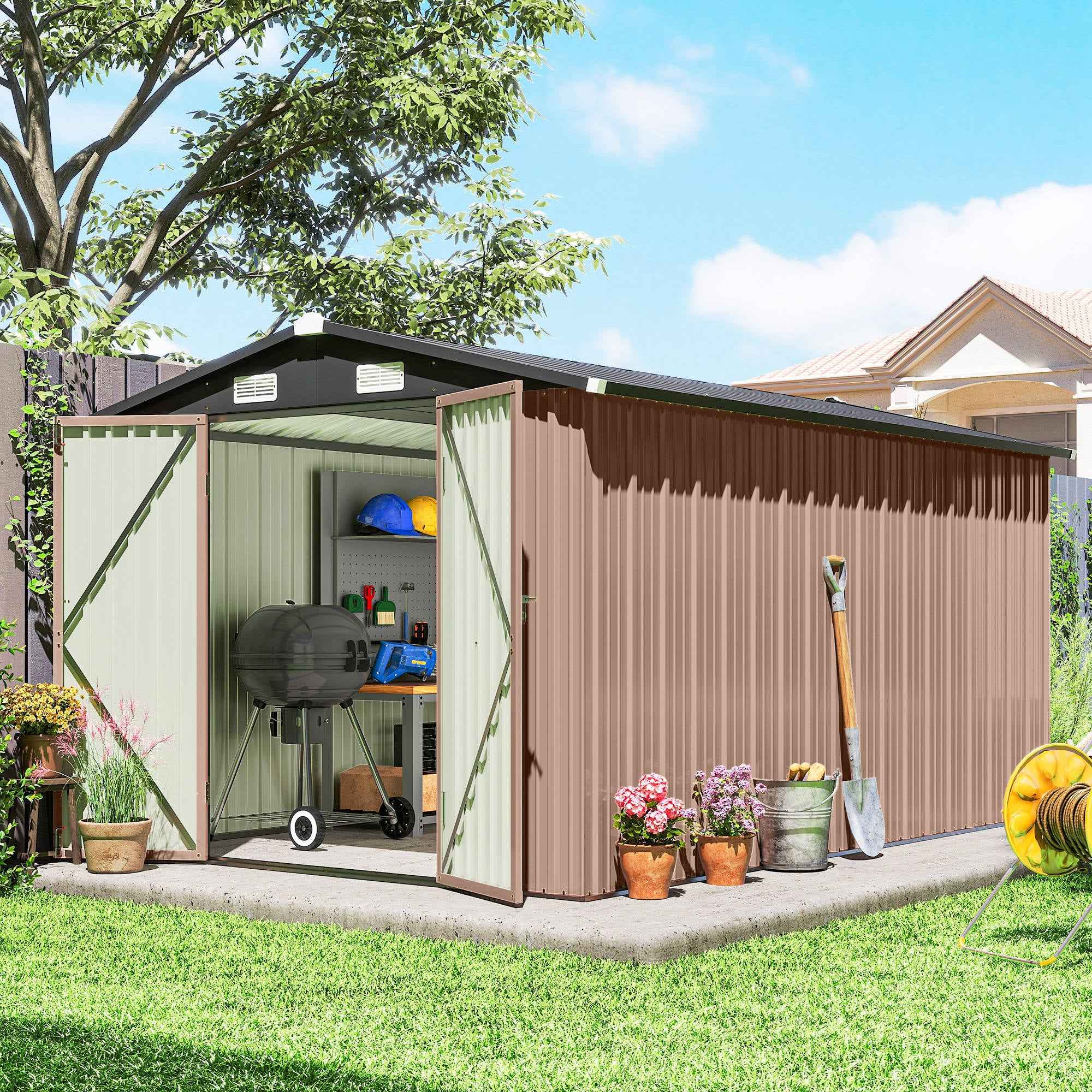 Outsunny 364 x 238 cm Metal Garden Shed with 4 Vents and Lockable Double Doors, Brown