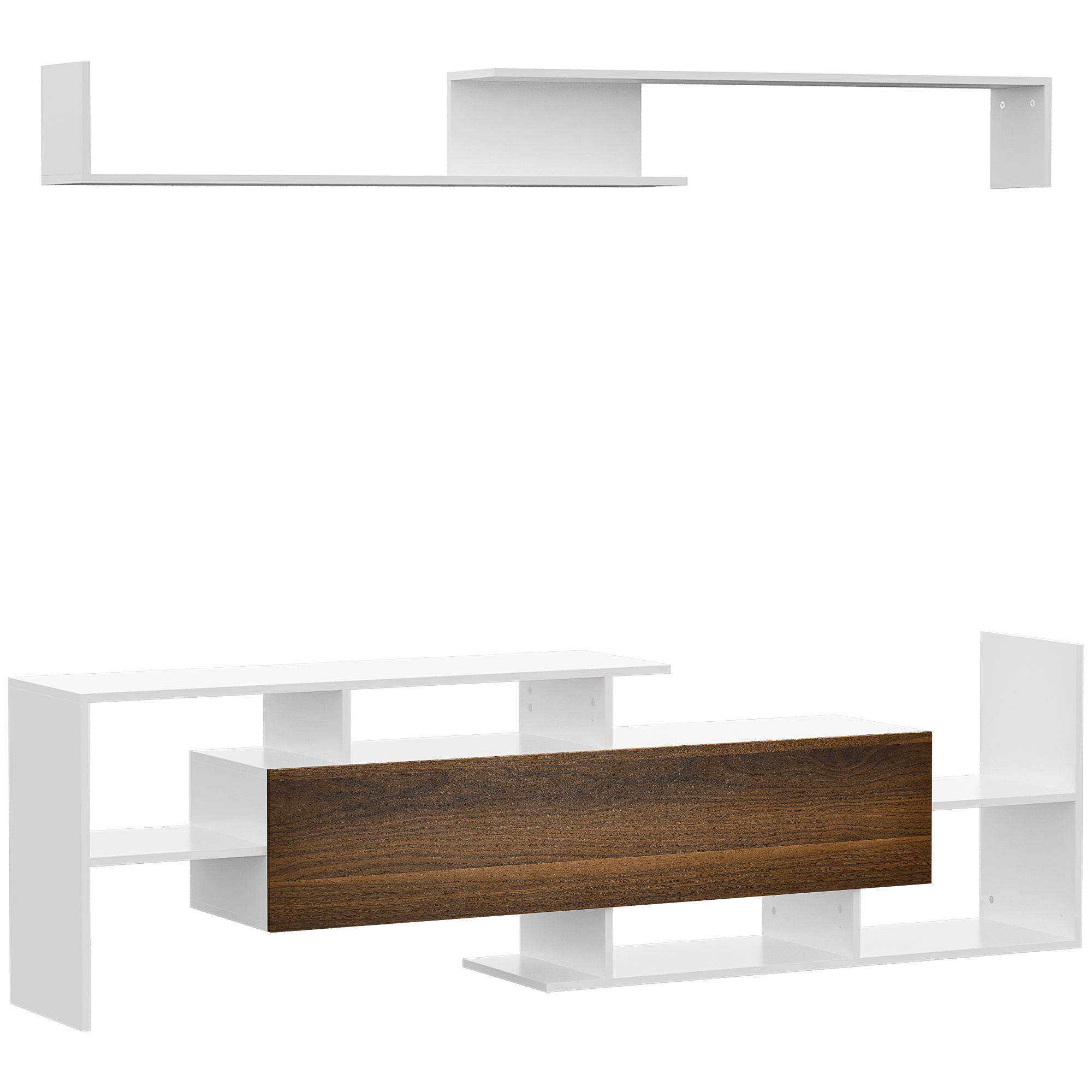 HOMCOM TV Cabinet with Wall Shelf, Open Shelves and Closed Cabinet, in White and Brown Chipboard - Borgè