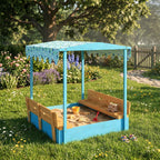 Sandpit for Children 3-6 Years with Dinosaur Canopy, Folding Seats, Lid and Liner Included, Children's Sandpit in Fir Wood, 134.5x127.5x130 cm, Blue