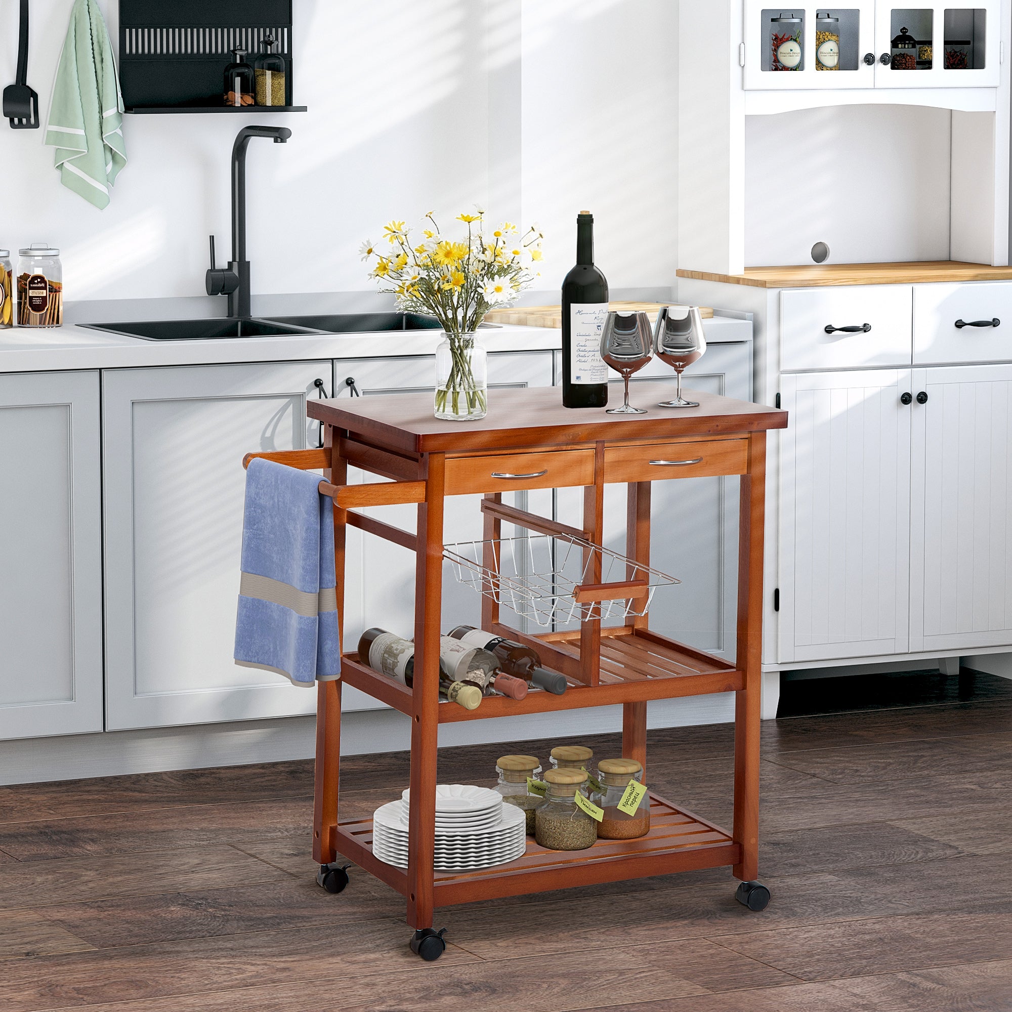 HOMCOM Wooden Kitchen Serving Trolley with Bottle Holder, Basket, 2 Shelves, 2 Drawers, Pine Wood, Durable, Easy to Use, Versatile, 84.5x37.2x85 cm