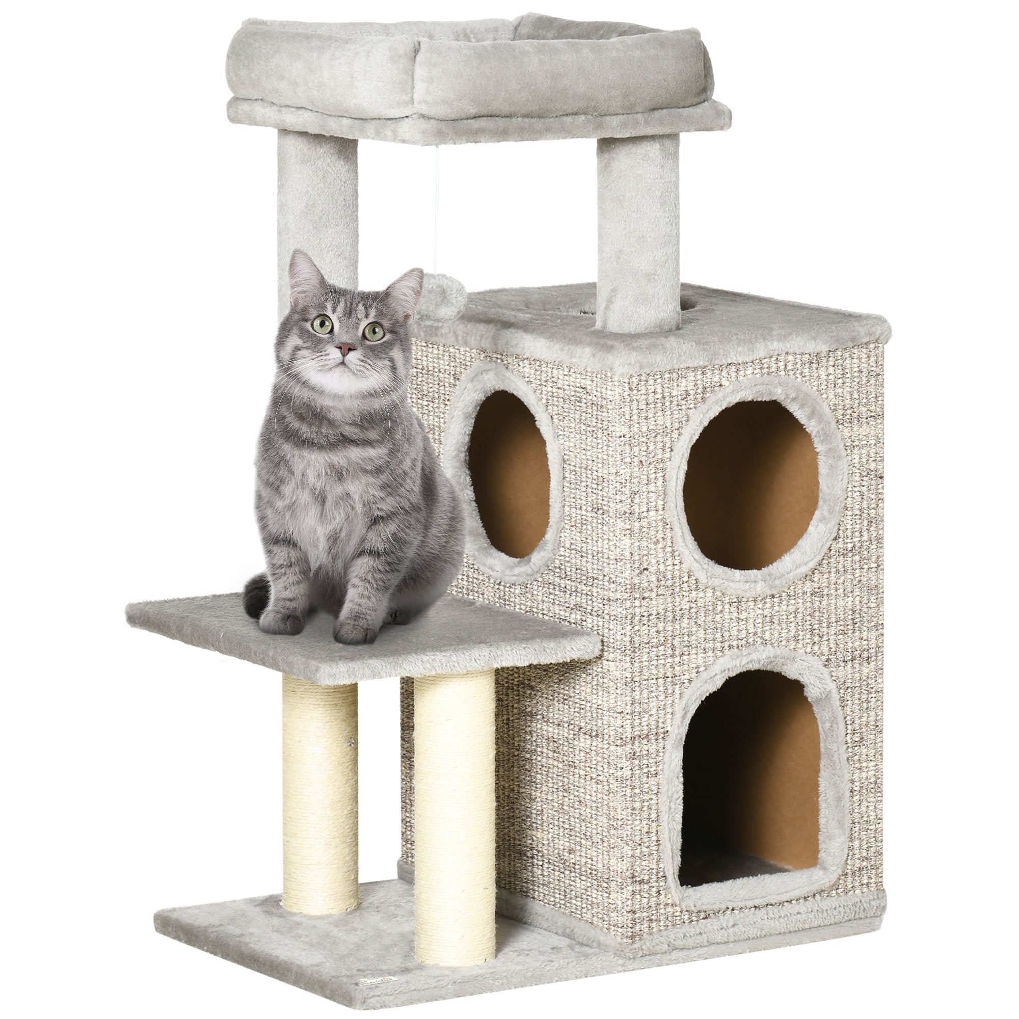 Cat Scratching Post for Cats up to 5kg with Bed and Play Ball, Made of Chipboard, Plush and Sisal, 60x40x91 cm