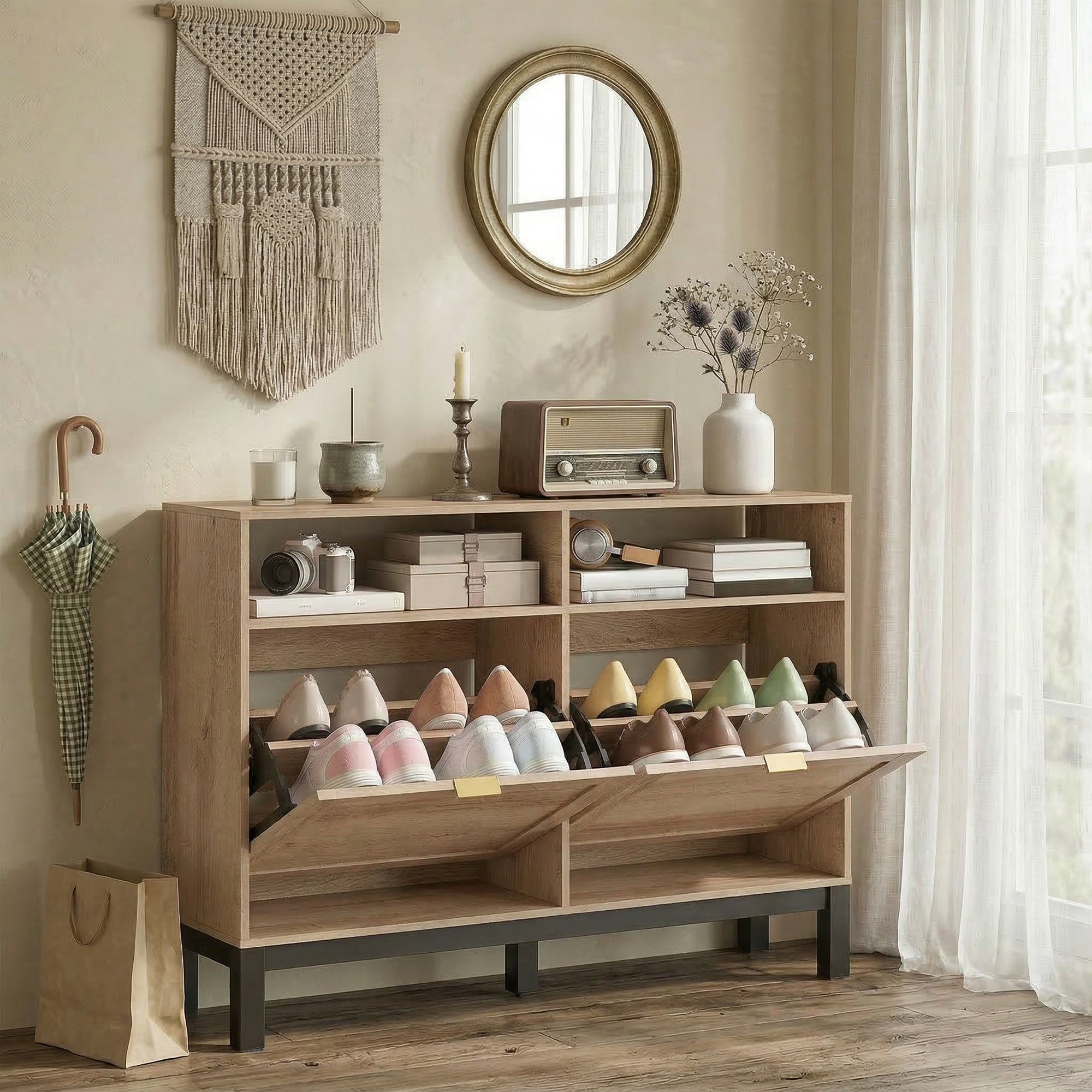 HOMCOM Space-Saving Slim Shoe Rack with 2 Flap Doors and Adjustable Removable Shelves for 8 Pairs, Walnut Color