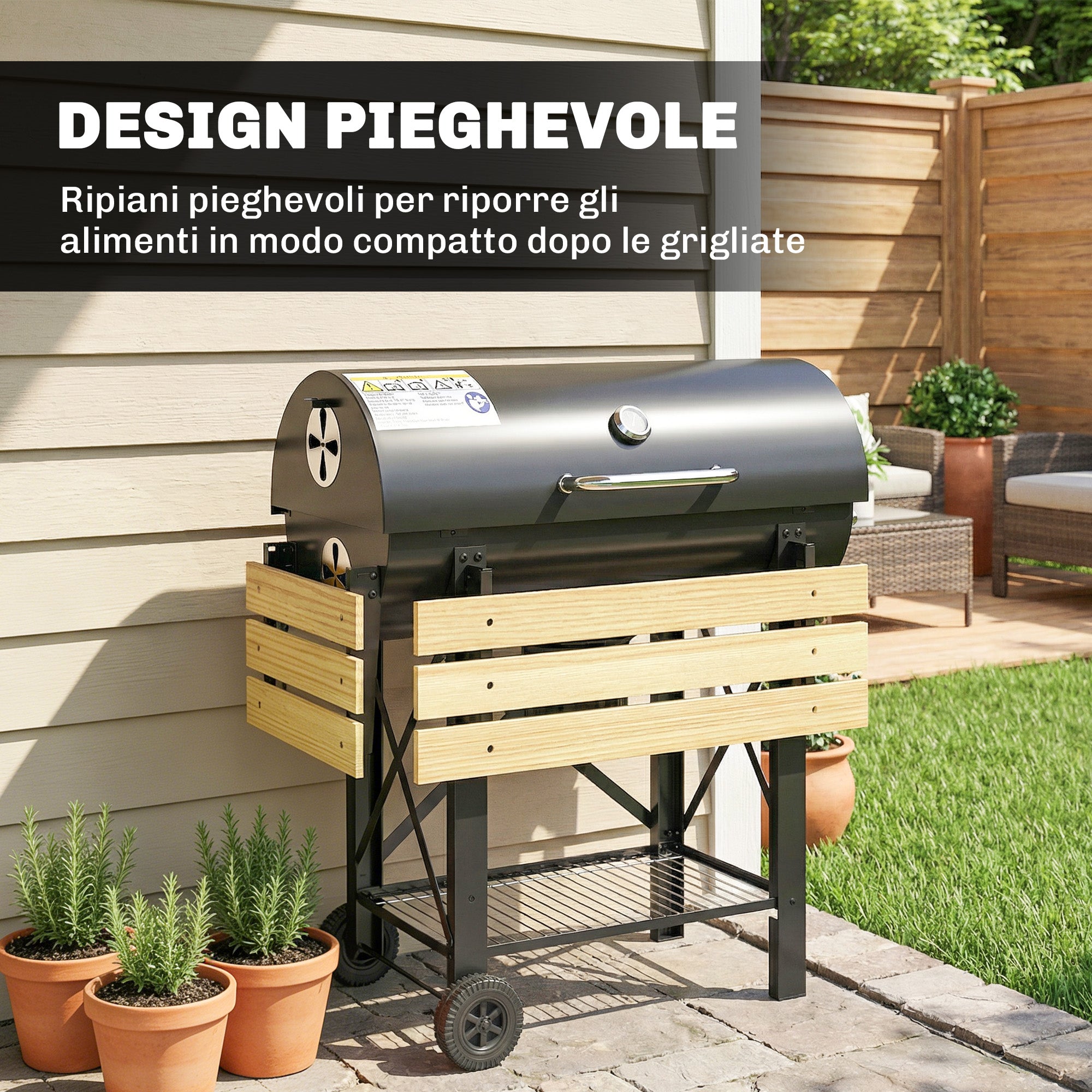 Outsunny Charcoal Barbecue, Mobile Grill with Folding Shelves and Thermometer