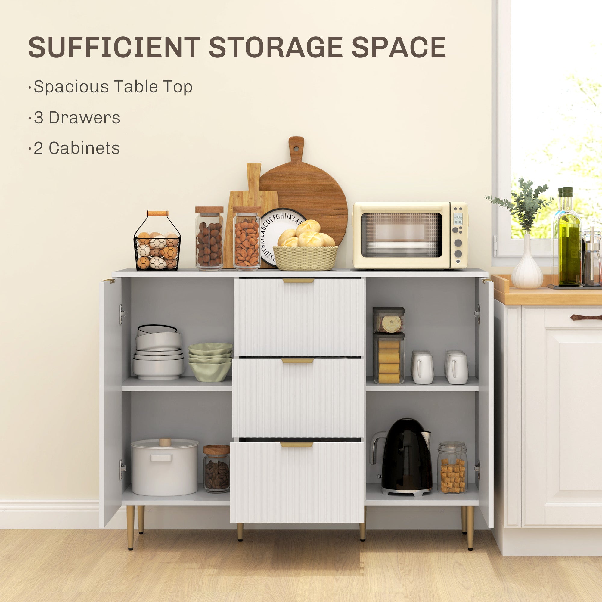 Modern Sideboard with 3 Drawers, 2 Cabinets and Adjustable Shelves, Wood and Metal, White