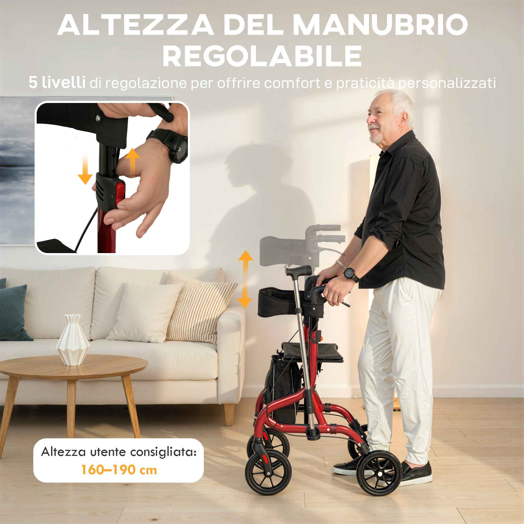 HOMCOM Folding Walker with Seat and Backrest for the Elderly, Adjustable Height, Bag and Cane Holder, Red