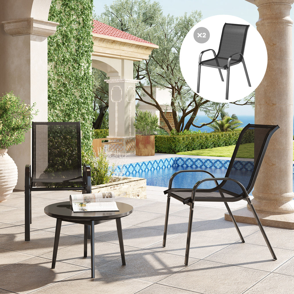 Outsunny Set of 2 Stackable Garden Chairs with Curved Armrests, Steel and Breathable Fabric, 54x71x93 cm, Black