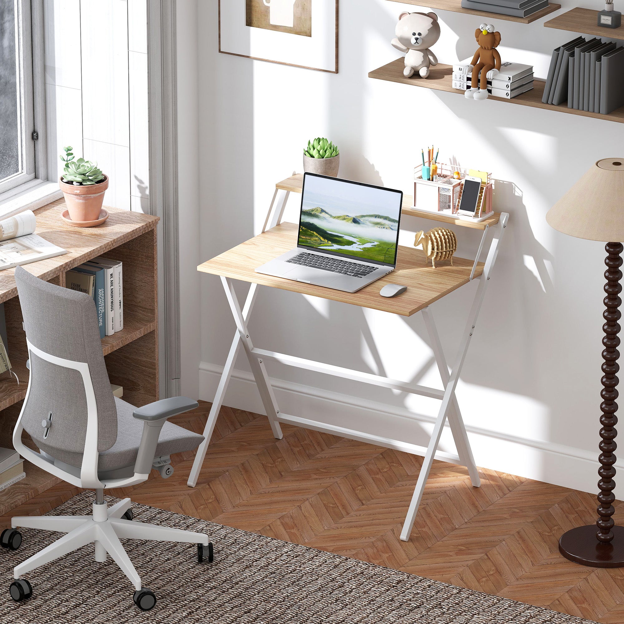 Folding Desk with Monitor Shelf, 81.5x62x86.5 cm, Wood and White