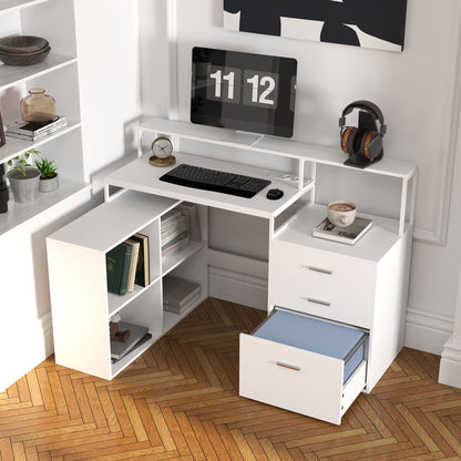 Office Desk with 2 Tables, 4 Shelves, 3 Drawers and Monitor Stand, Wooden, 138.5x90x92 cm, White