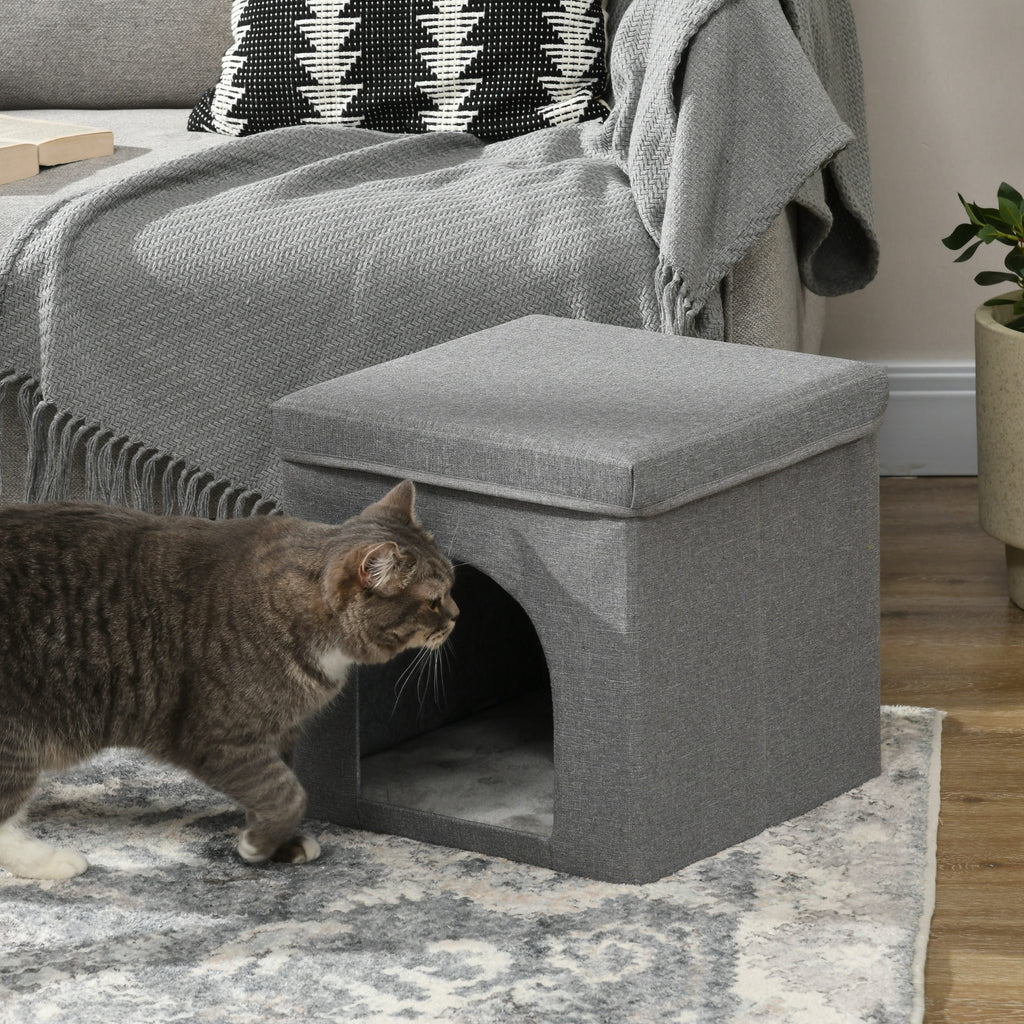 Foldable Cat House with Cushion and Scratching Mat, 36.5 x 36.5 x 36.5 cm, Grey