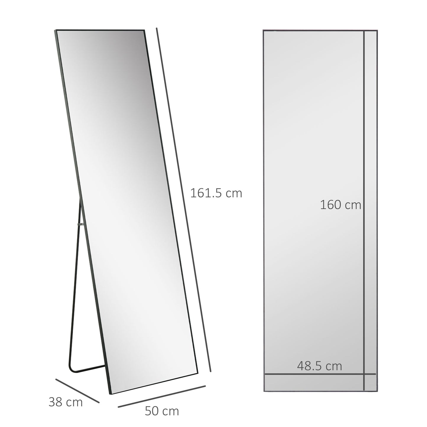 Vertical Wall or Floor Mirror in Metal and Aluminum Alloy, 50x2x161.5 cm, Black