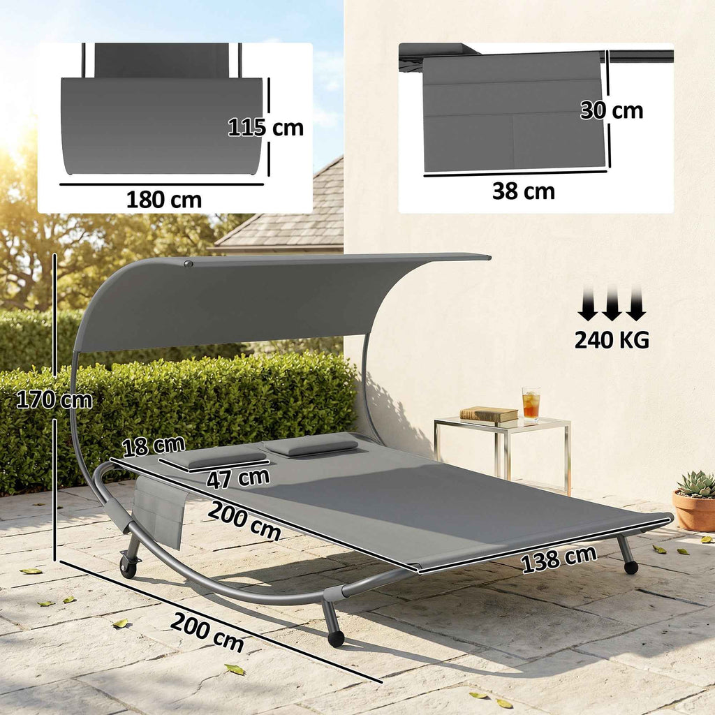 Outsunny Double Sun Lounger with Removable Canopy, Wheels, Cushions and Pockets, Grey