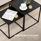 Set of 2 Square Stackable Coffee Tables for Living Room, Steel, Black