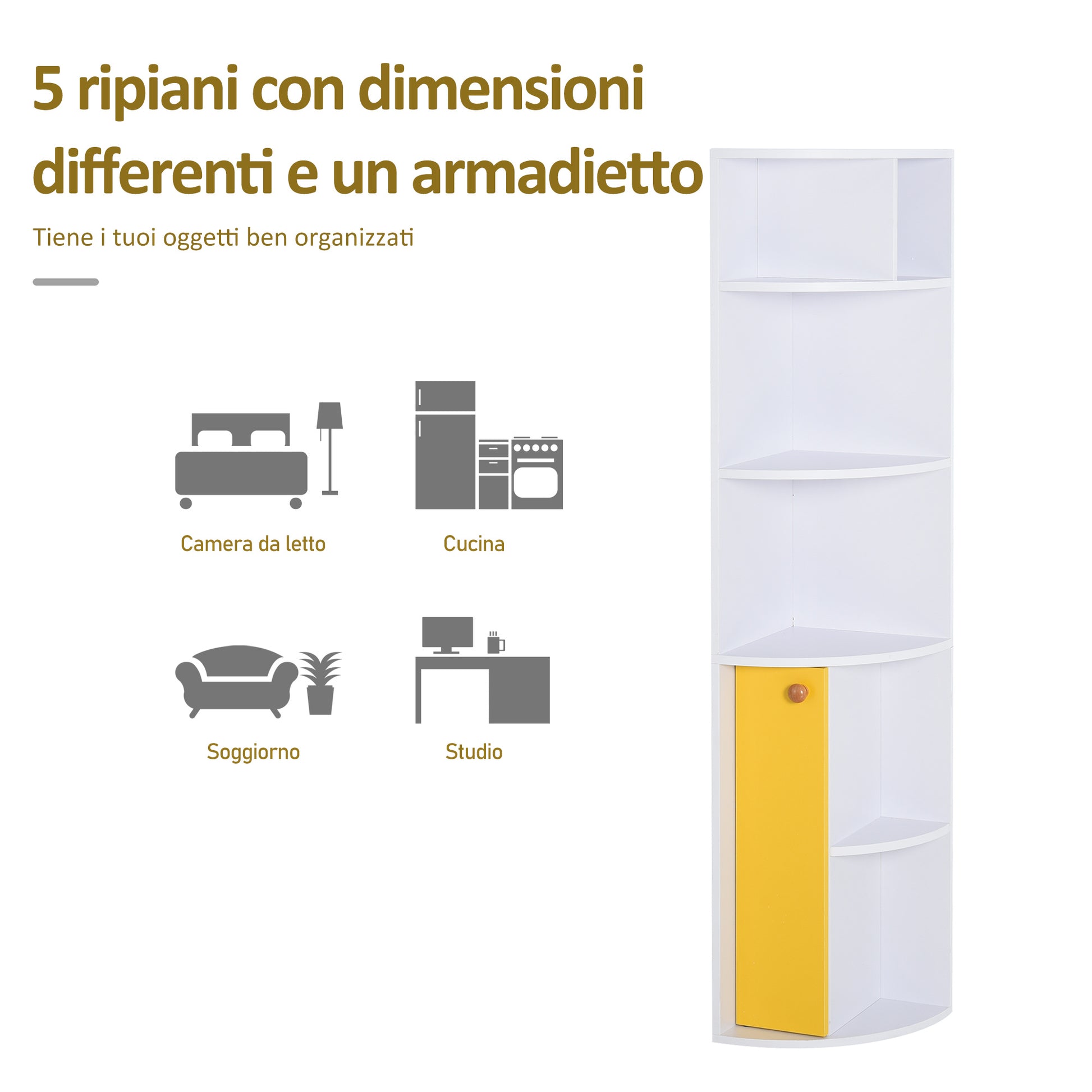 HOMCOM Corner Wall Shelf in White Wood, Bookcase Cabinet with 5 Shelves and Yellow Cabinet, Modern Design, 29.8x29.9x147cm - Borgè