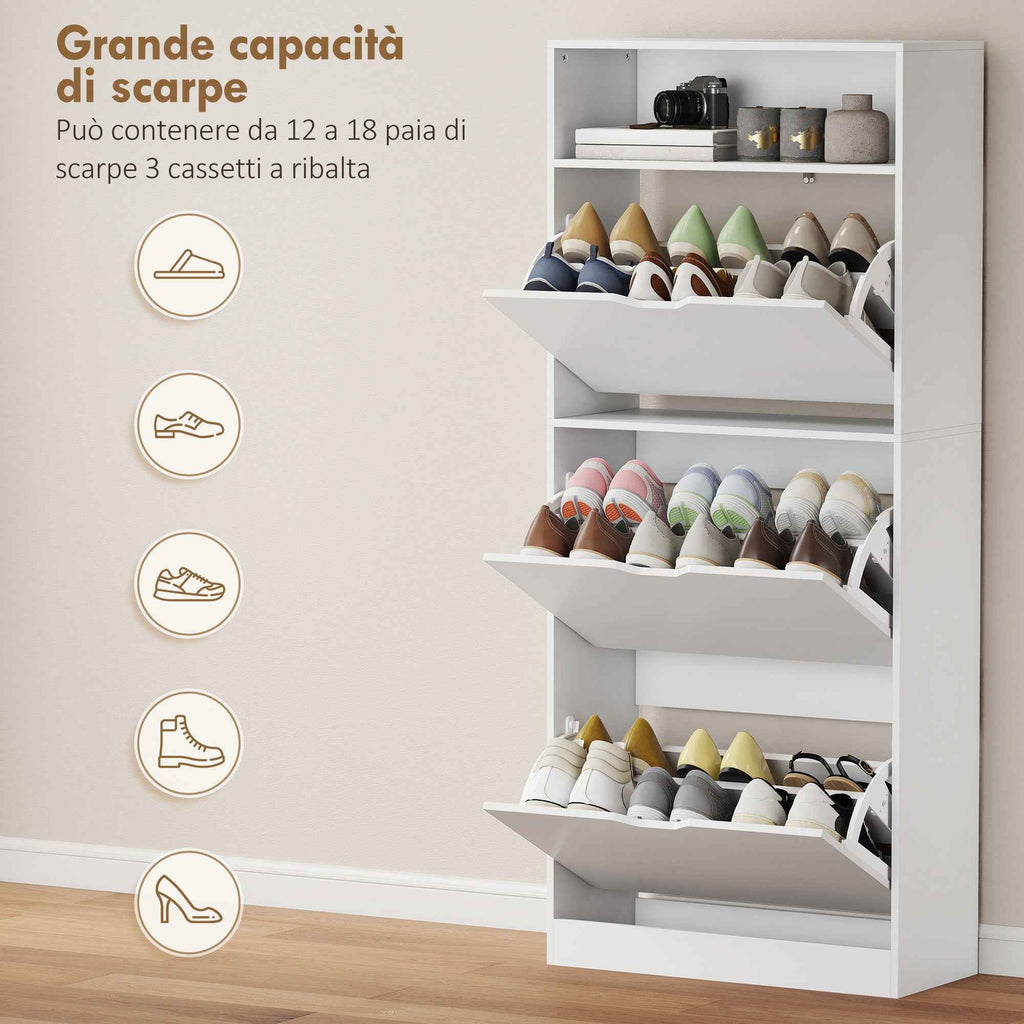 Shoe Rack with 3 Flap Drawers and Adjustable Shelves, for Hallway or Entryway