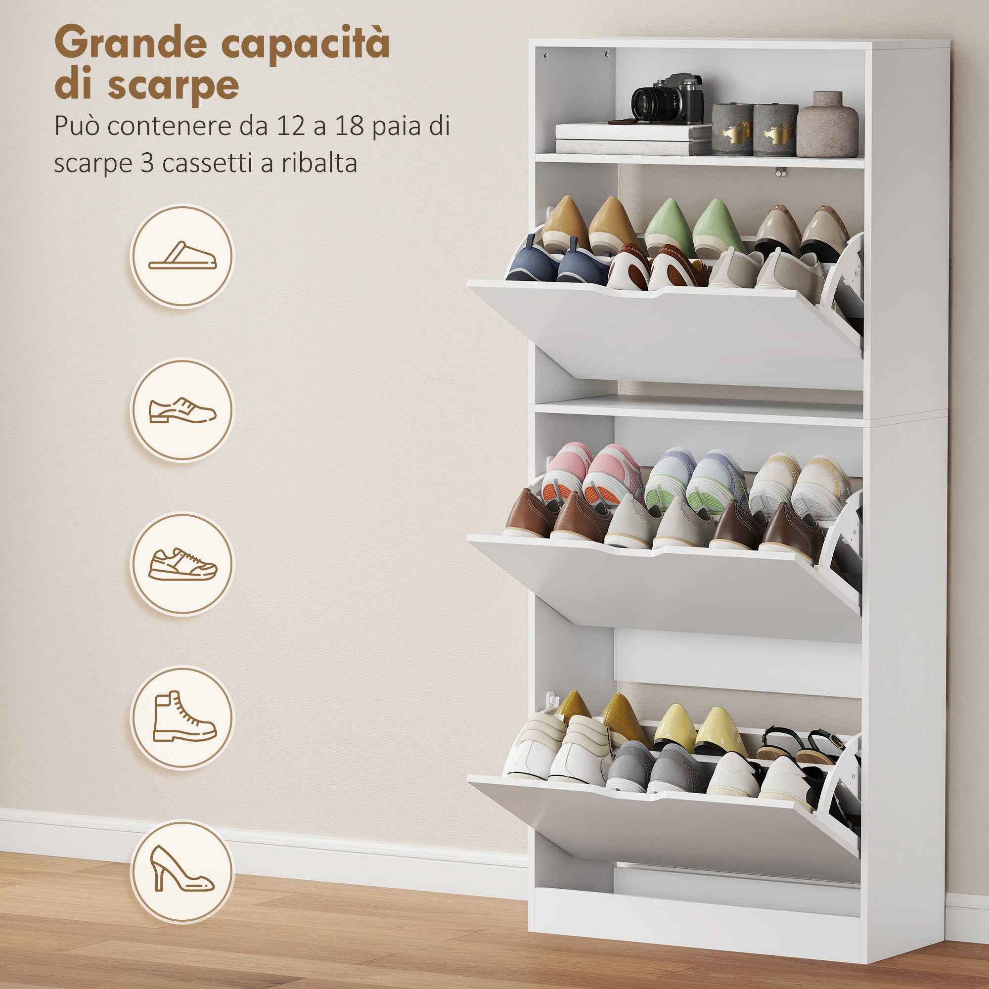 Shoe Rack with 3 Flap Drawers and Adjustable Shelves, for Hallway or Entryway