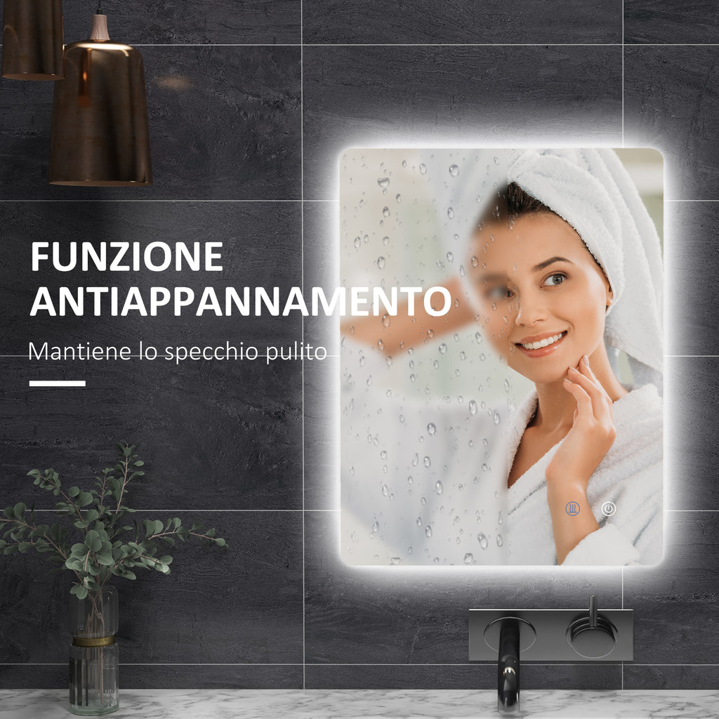 Bathroom Mirror with Adjustable LED Lights, Touch Switches and Anti-Fog Function, 70x50 cm