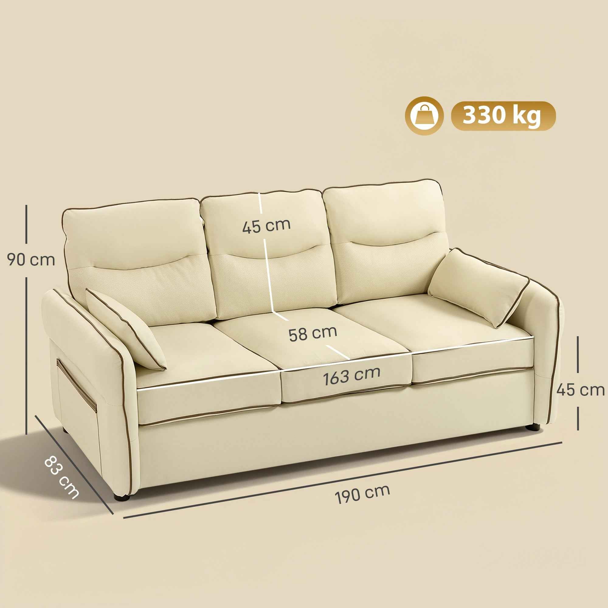 HOMCOM 3-Seater Faux Leather Sofa with Thick Padding, Side Pocket and 2 Cushions, 190x83x90 cm, Beige