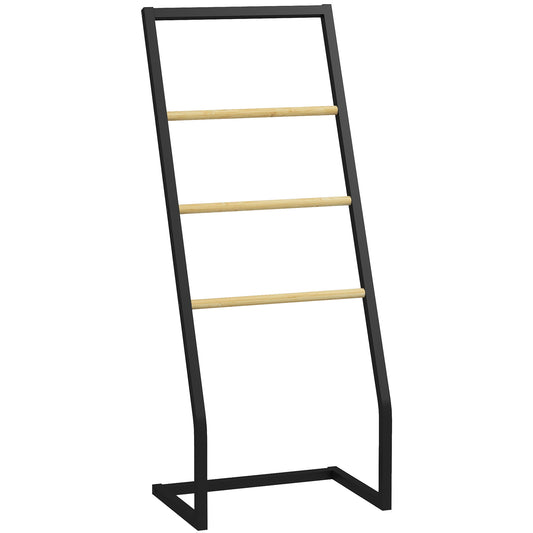 4-Bar Towel Rack in Steel and Bamboo, 40.5x28x98cm, Black and Wood Colour