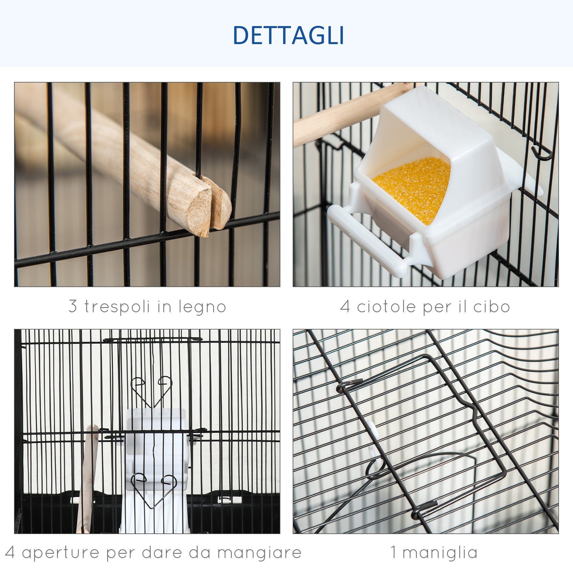 Bird Cage in Metal and Plastic with Perches, Swing and Bowls, 46.5x35.5x92 cm, Black