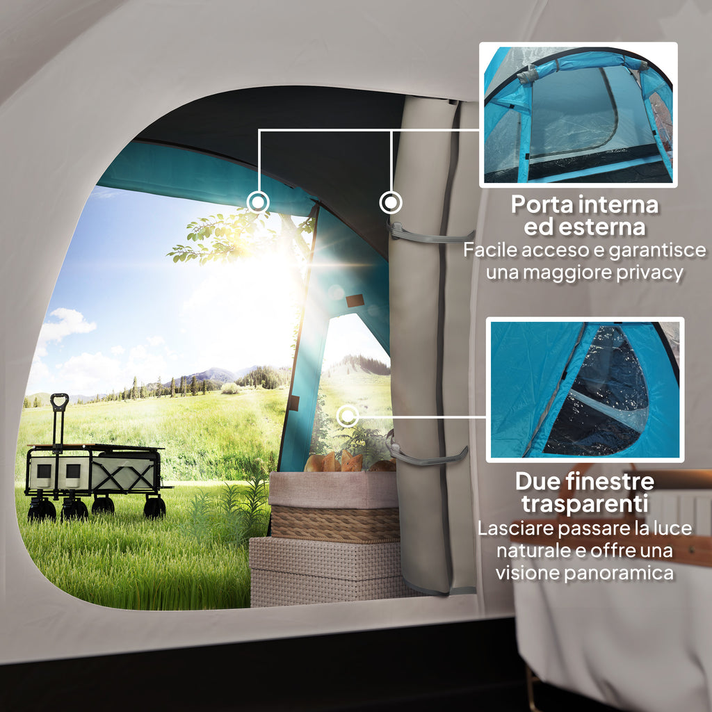 3-Person Camping Tent with Bedroom and Veranda, 3000mm Waterproof and Transport Bag, Light Blue