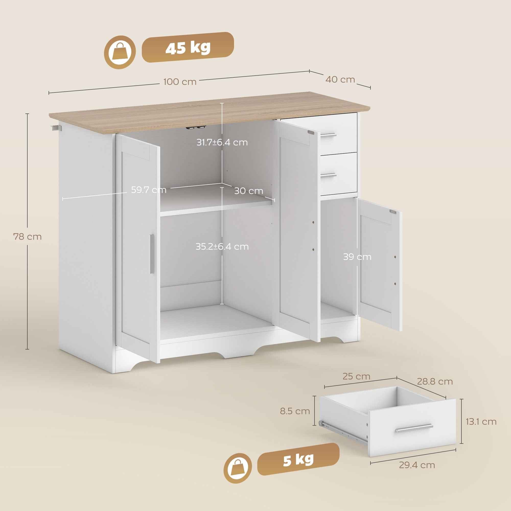 Modern Wooden Sideboard with 2 Drawers and 2 Cabinets, 100x40x78 cm, White and Wood Color