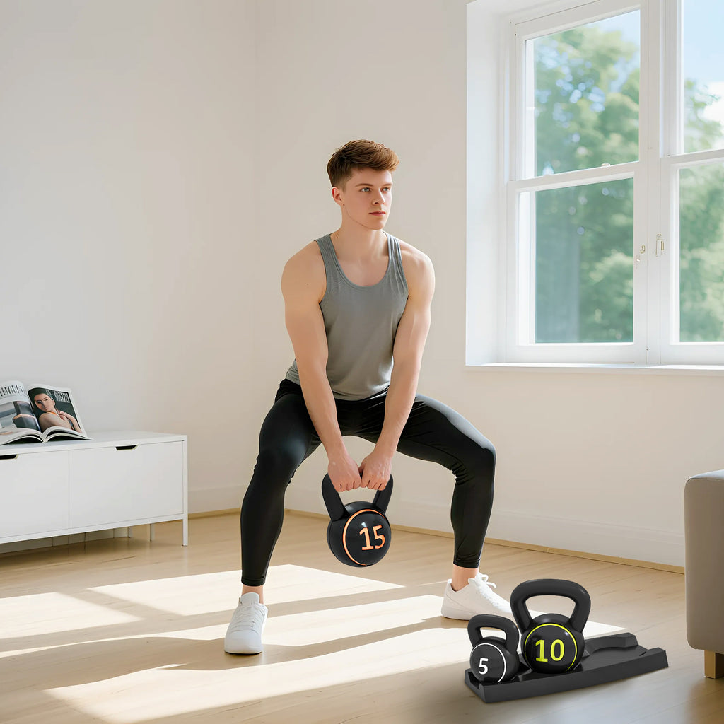 SPORTNOW Set of 3 Kettlebells of 2.2 kg, 4.5 kg and 6.8 kg with Flat Base and Weight Holder, in Plastic and Sand, Black