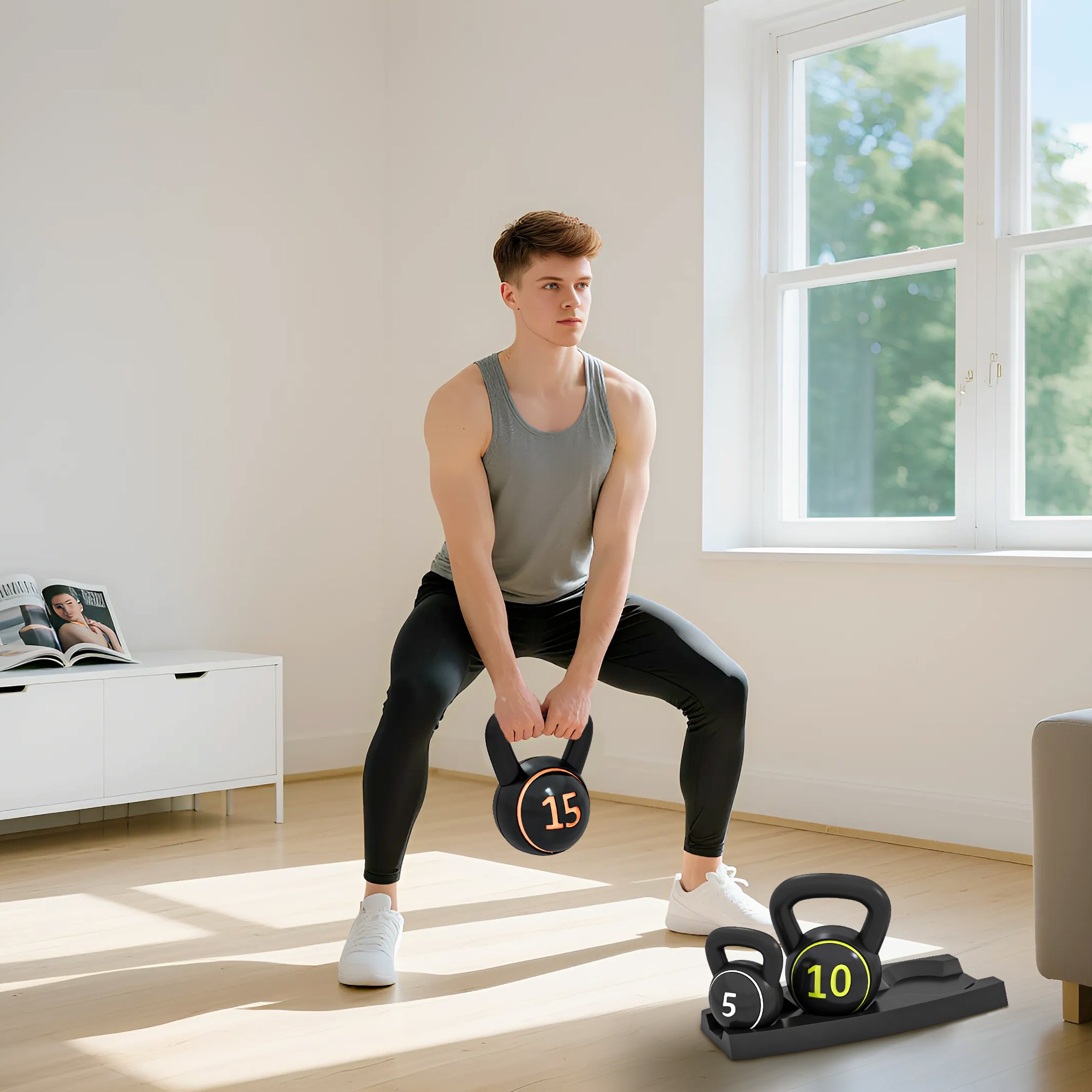SPORTNOW Set of 3 Kettlebells of 2.2 kg, 4.5 kg and 6.8 kg with Flat Base and Weight Holder, in Plastic and Sand, Black