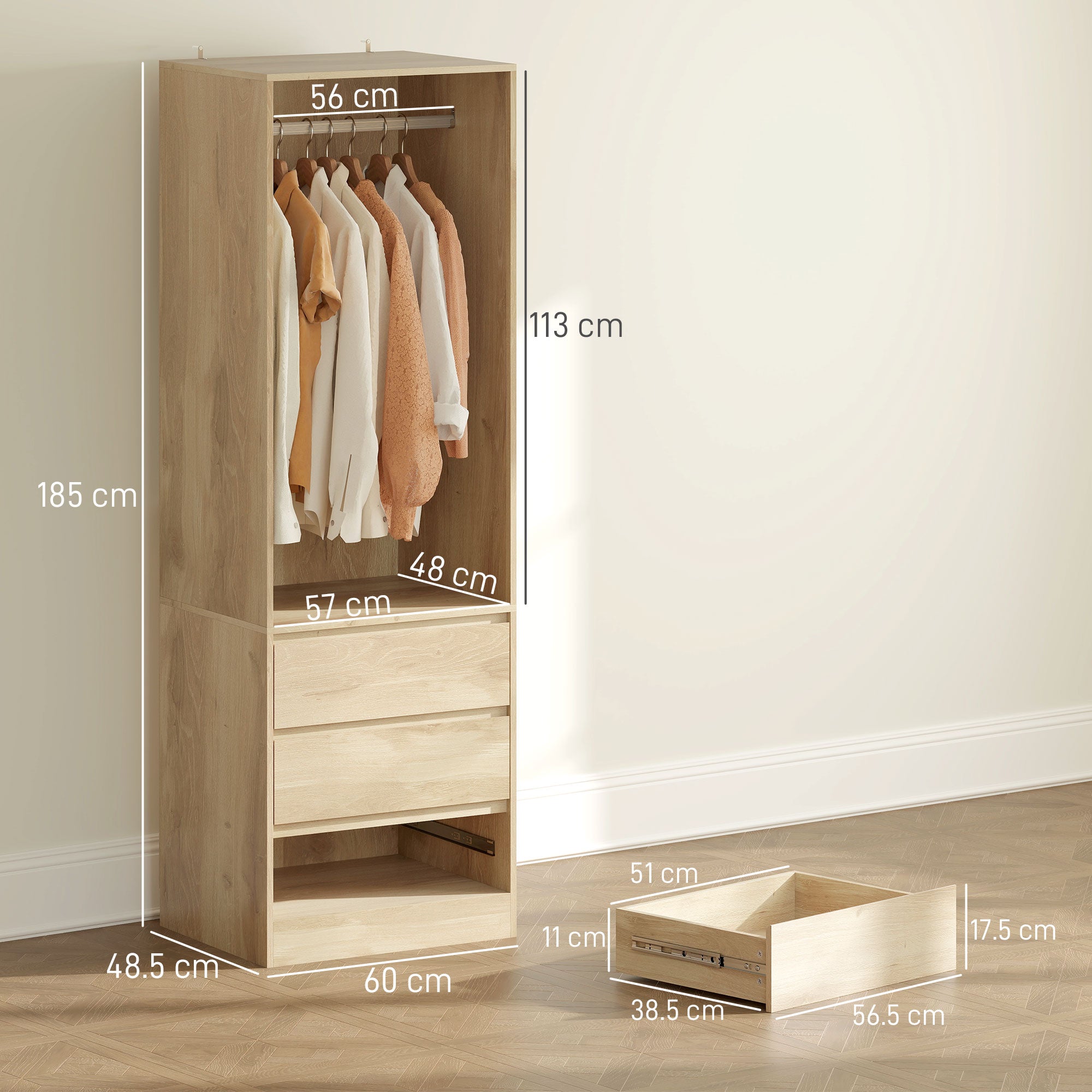 Wardrobe with Clothes Rail, Open Shelf and 3 Drawers, in Wood, 60x48.5x185 cm, Teak color
