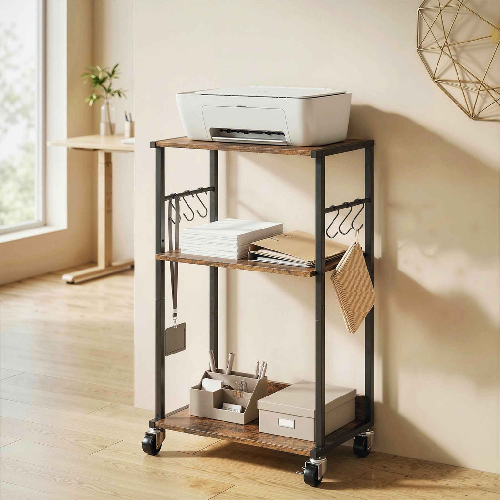 HOMCOM Industrial Printer Table 3 Tier, Wheels and Hooks, Rustic Brown.