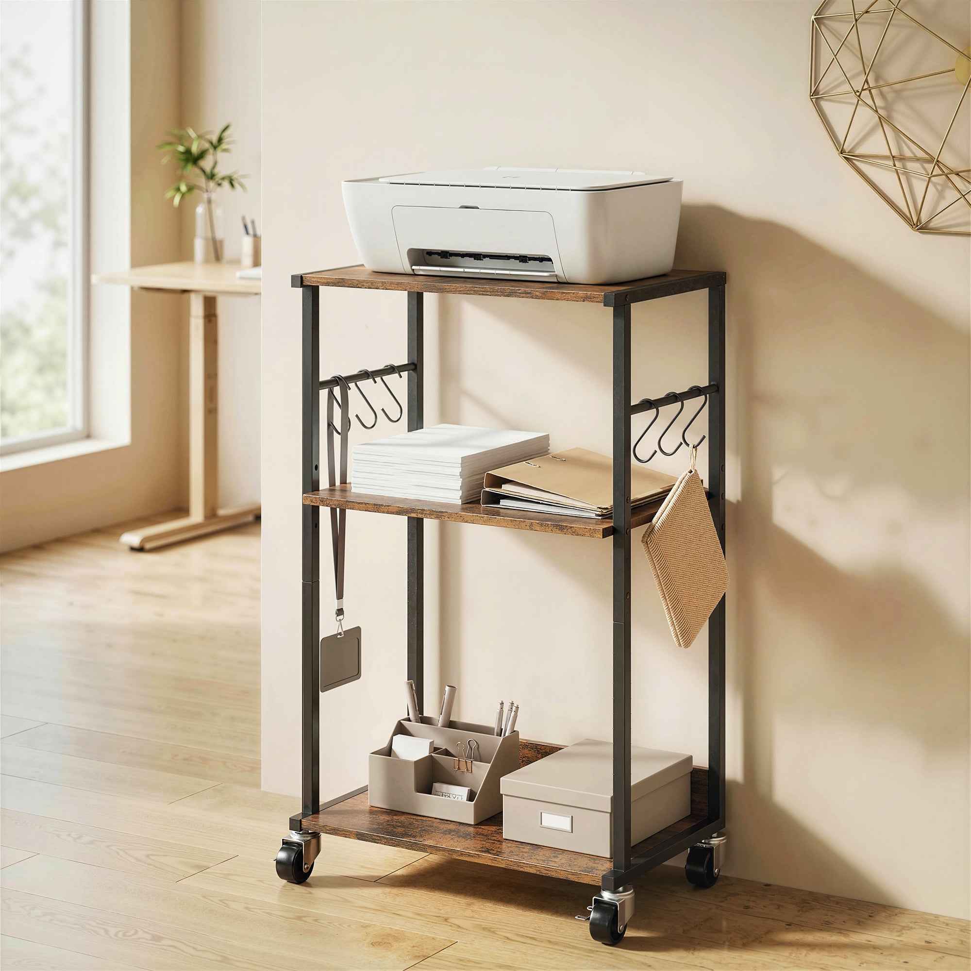 HOMCOM Industrial Printer Table 3 Tier, Wheels and Hooks, Rustic Brown.