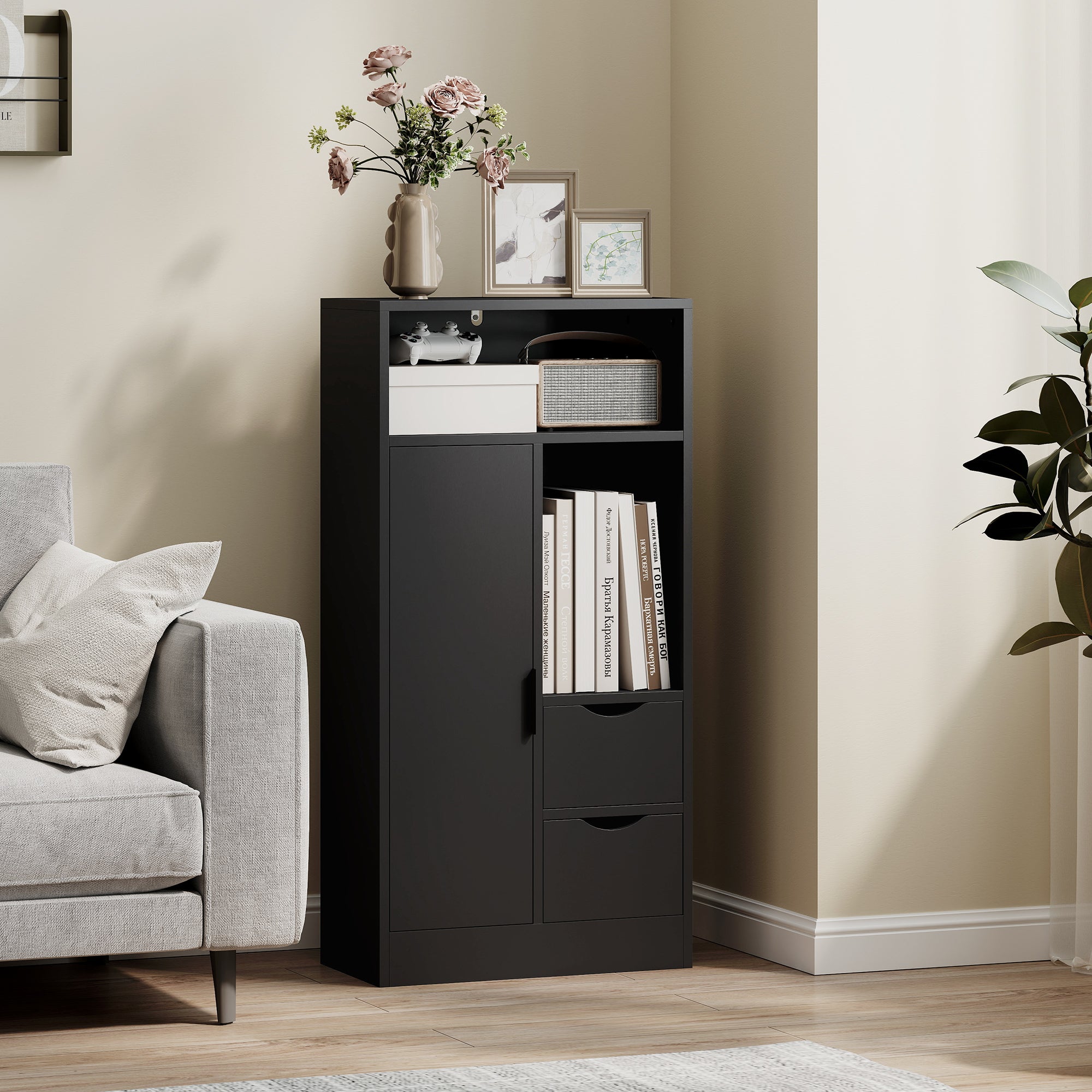 HOMCOM Bathroom Cabinet with 2 Drawers, Open Compartment and Adjustable Shelves for Small Spaces, 50x25x100 cm, White