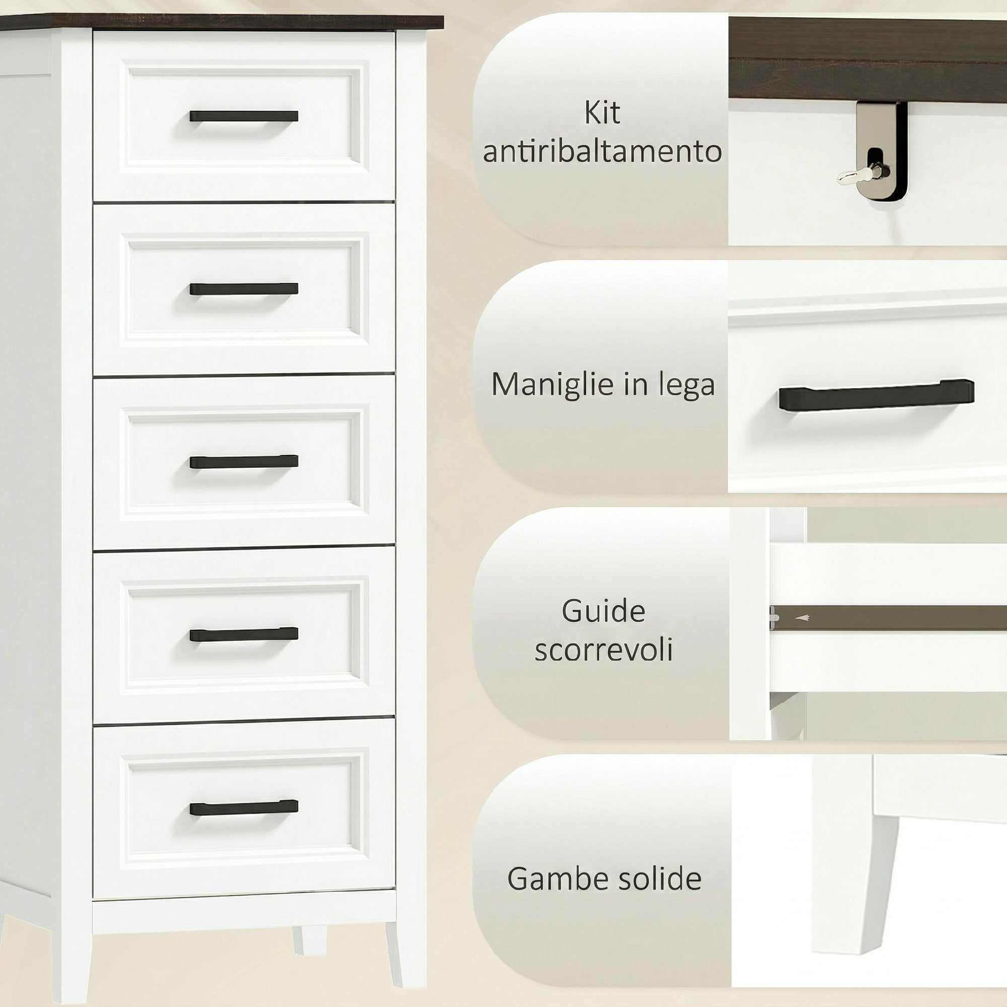 HOMCOM Chest of Drawers with 5 Drawers, Tall Unit for Bedroom and Living Room