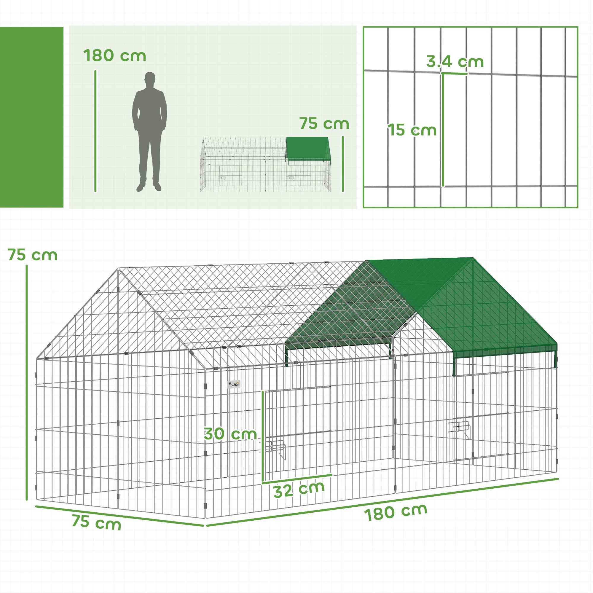 PawHut Outdoor and Indoor Rabbit and Chicken Cage with Sunshade and Metal Grille, for Small Animals, Ducks, Chickens, 180x75x75 cm, Green