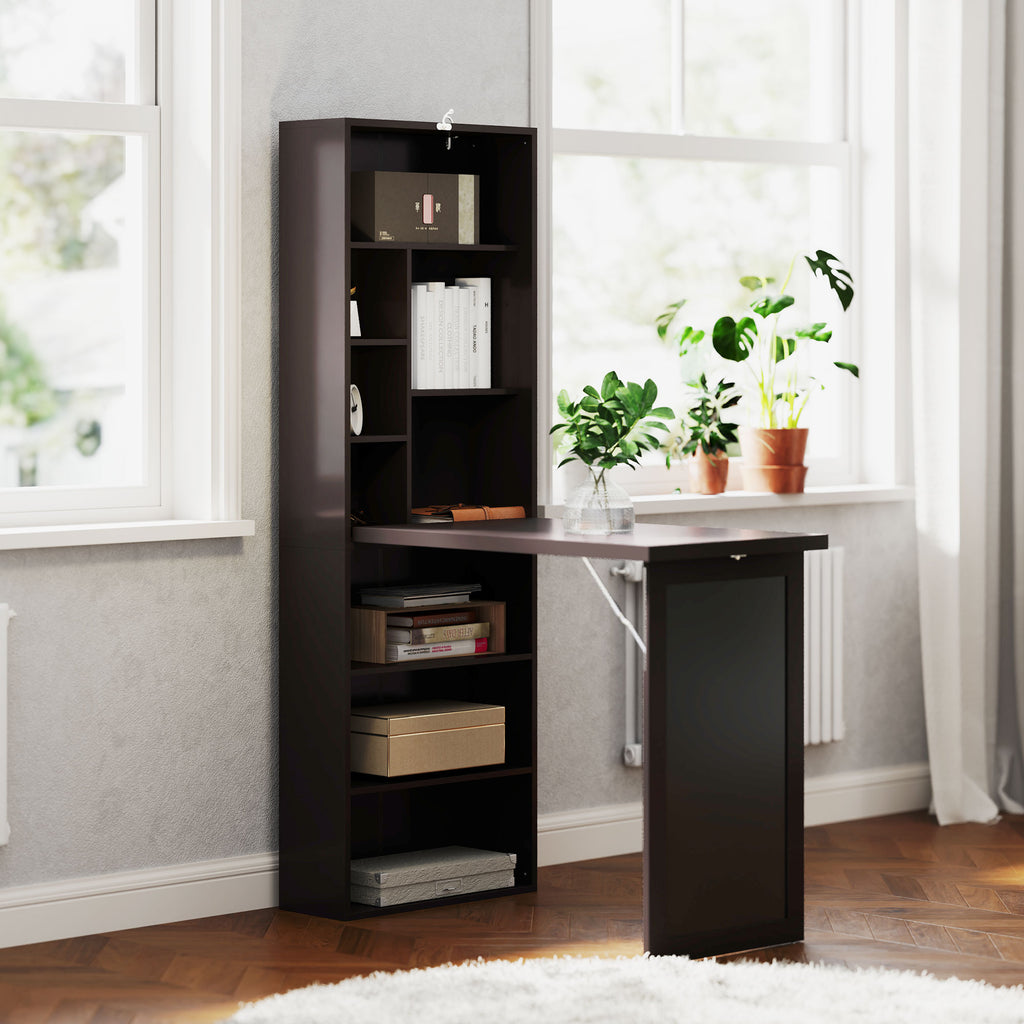 Modern Folding Desk with Bookcase and Blackboard, Wood and Metal, 98x51x153 cm, Brown