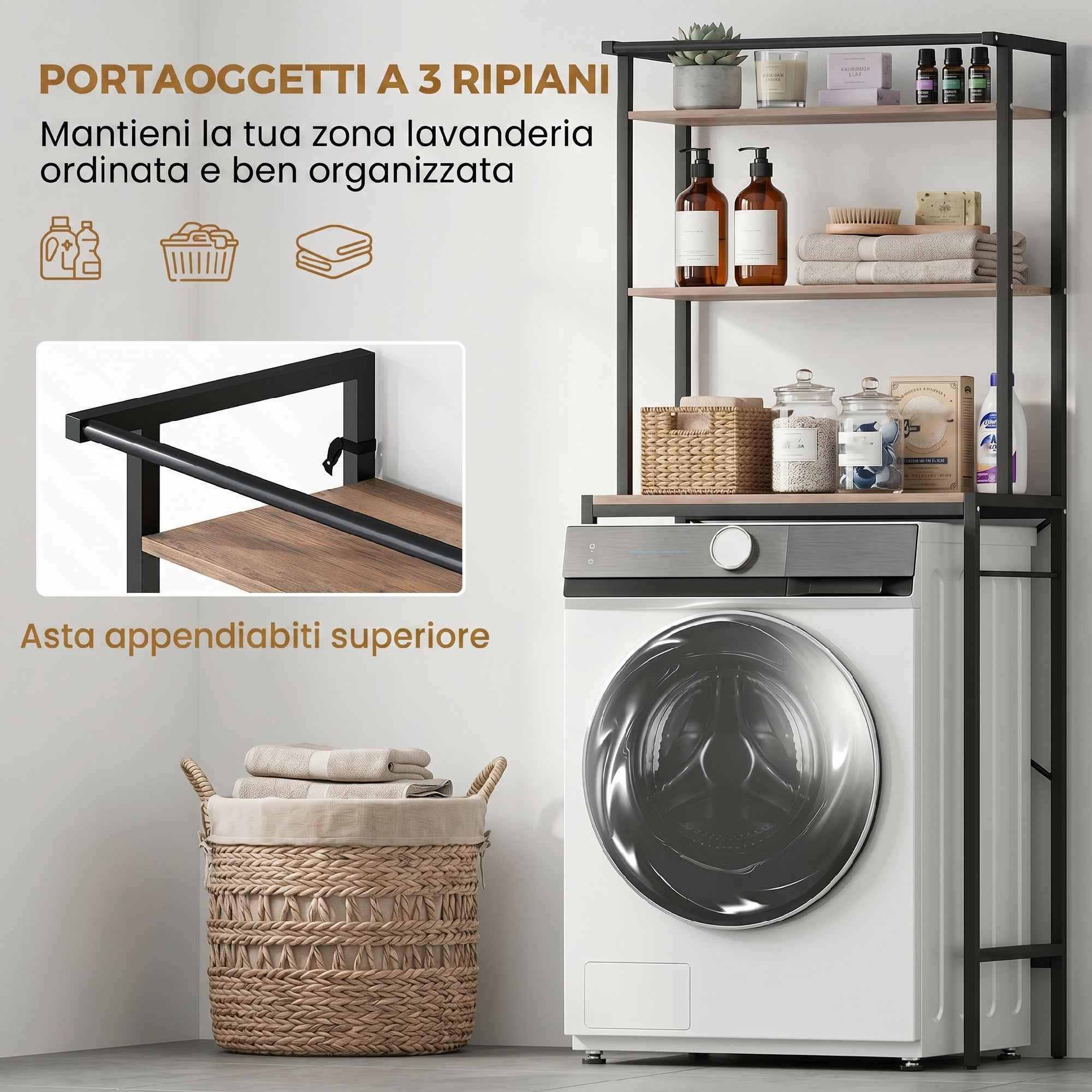 HOMCOM 3-Tier Washing Machine Cabinet with Hanging Rail, Wood and Steel, 67x40x161.8 cm, Brown and Black